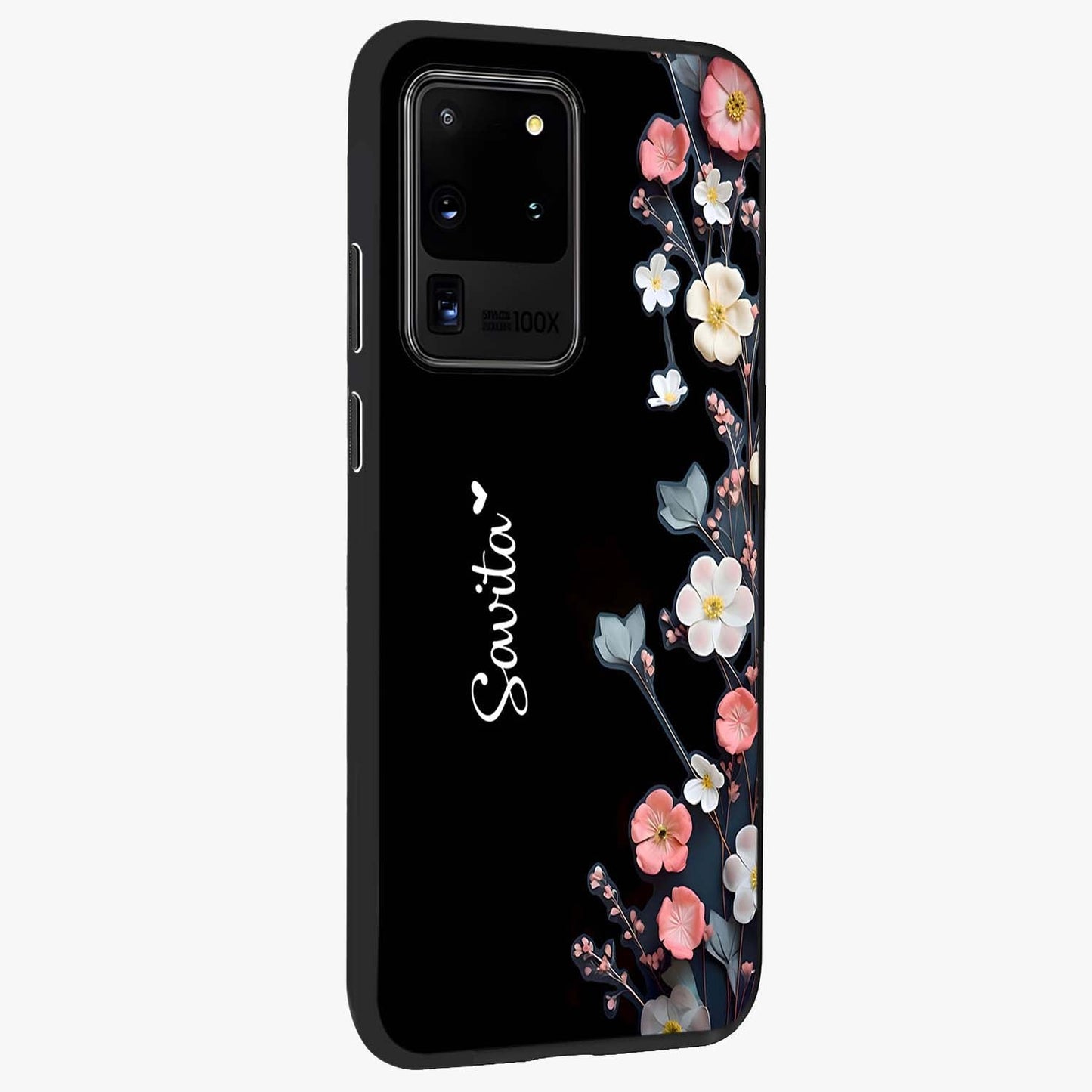 Black Elegance Floral Custom Name Glass Case upright view showcasing luxurious black floral design with personalized name detail.