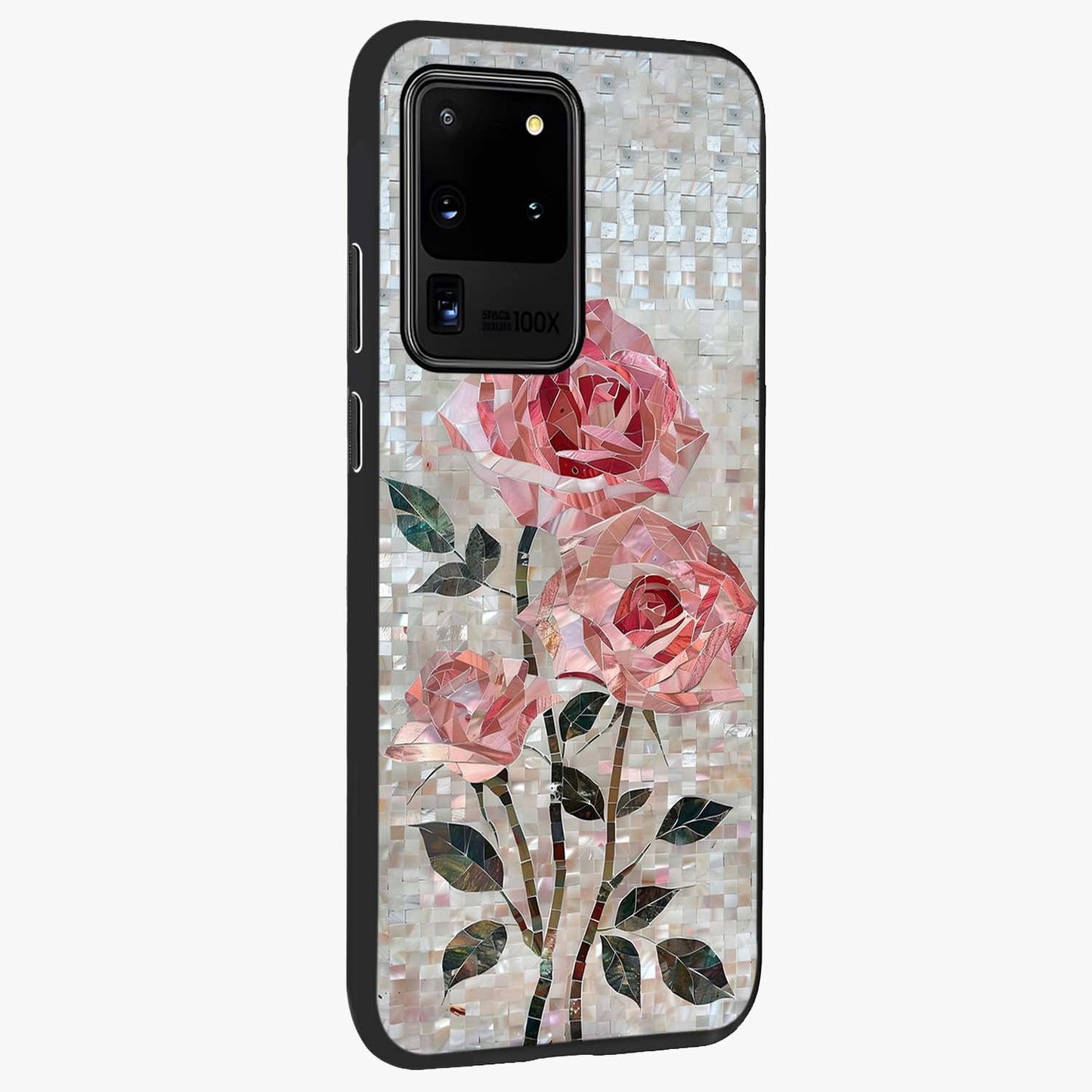 Blush Mosaic Bloom Glass Case upright view showcasing decorative floral mosaic artwork with stylish modern aesthetic.