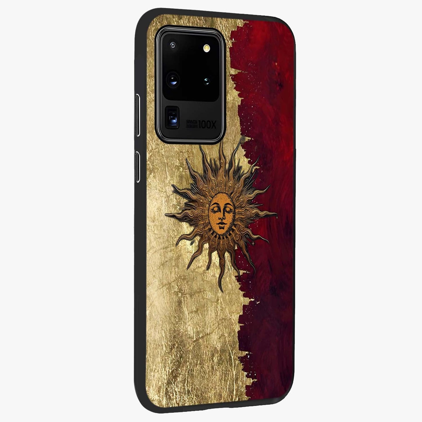 Crimson Sun Majesty Glass Case upright view showcasing vibrant sun artwork with powerful celestial theme.