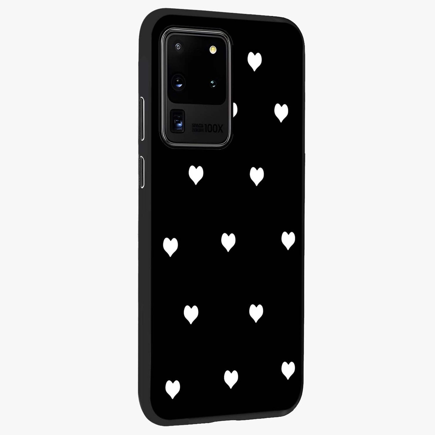Cute And Simple White Hearts Glass Case upright view showcasing simple white hearts artwork with soft minimal theme.