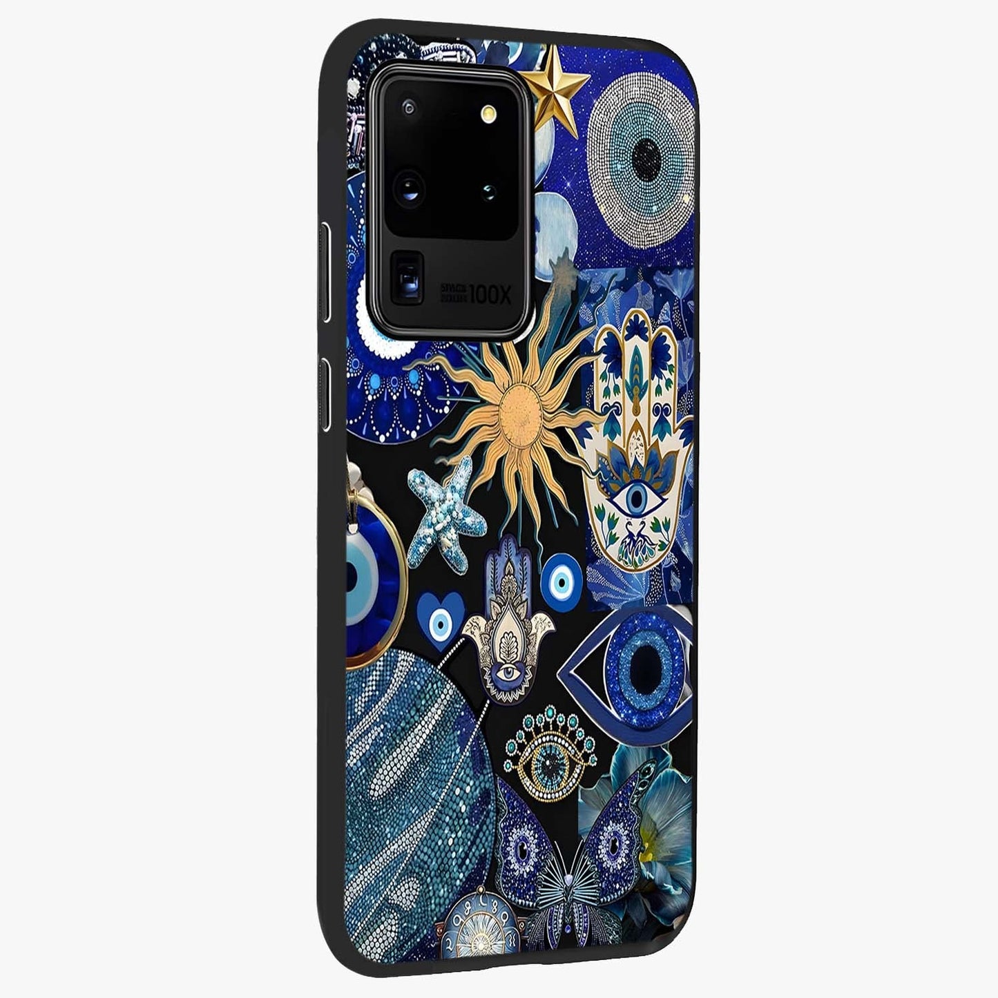 Evil Eye Charm Mix Glass Case upright view showcasing mystical evil eye pattern with vibrant decorative style.