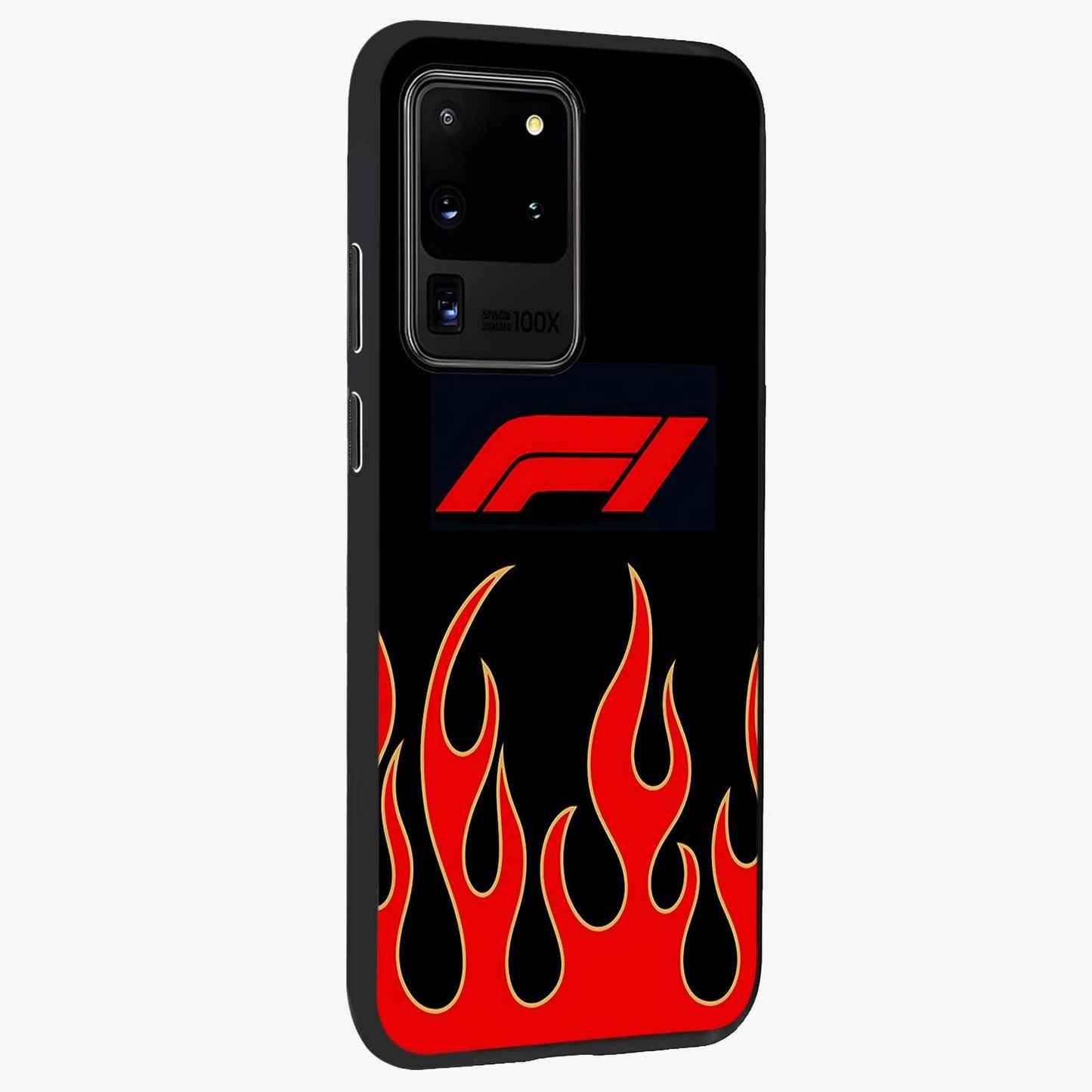 Fire F11 Glass Case upright view showcasing dynamic flame artwork with intense visual theme.