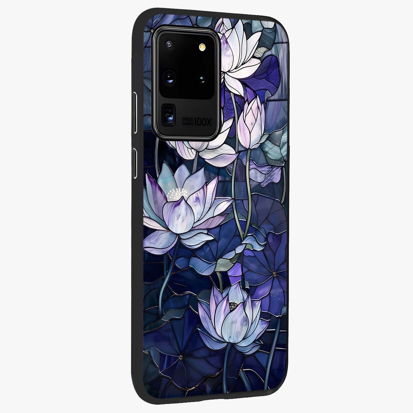 Gloss Petal Rush Glass Case upright view showcasing dynamic floral petal artwork with modern botanical theme.