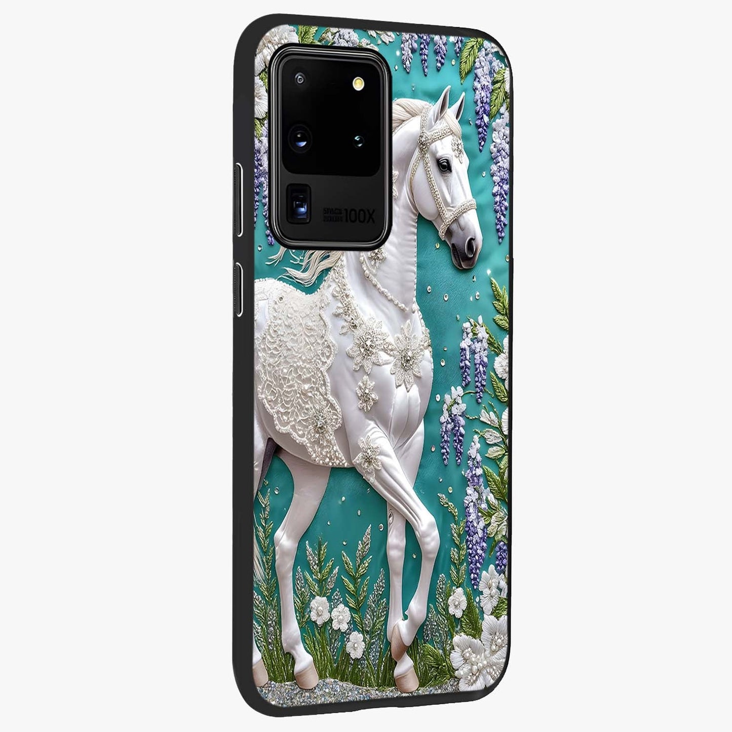Majestic Floral Stallion Glass Case upright view showcasing dramatic horse artwork with decorative floral theme.