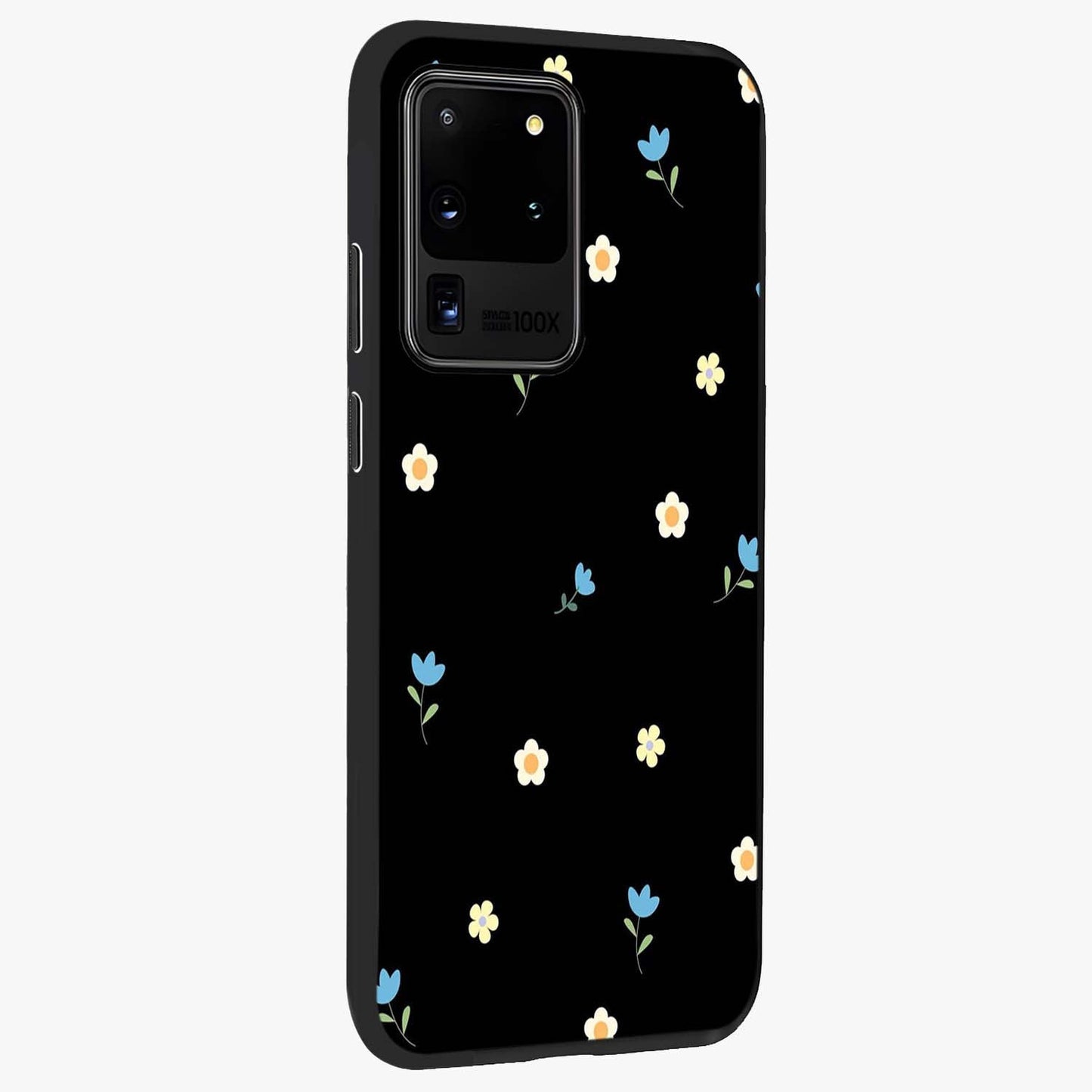 Minimal Petal Whispers Glass Case upright view showcasing elegant floral artwork with modern minimalist style.
