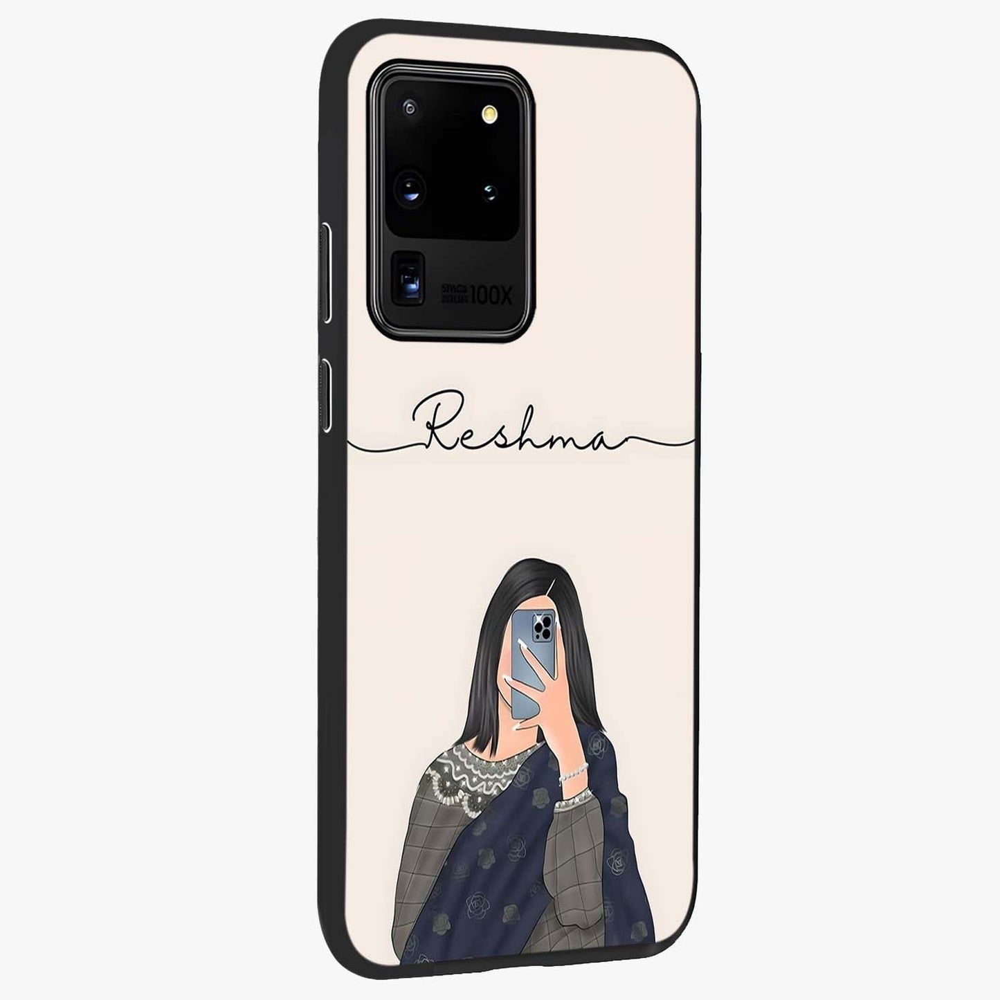 Mirror Mood Muse With Custom Name Glass Case upright view showcasing artistic mirror themed artwork with personalized aesthetic.