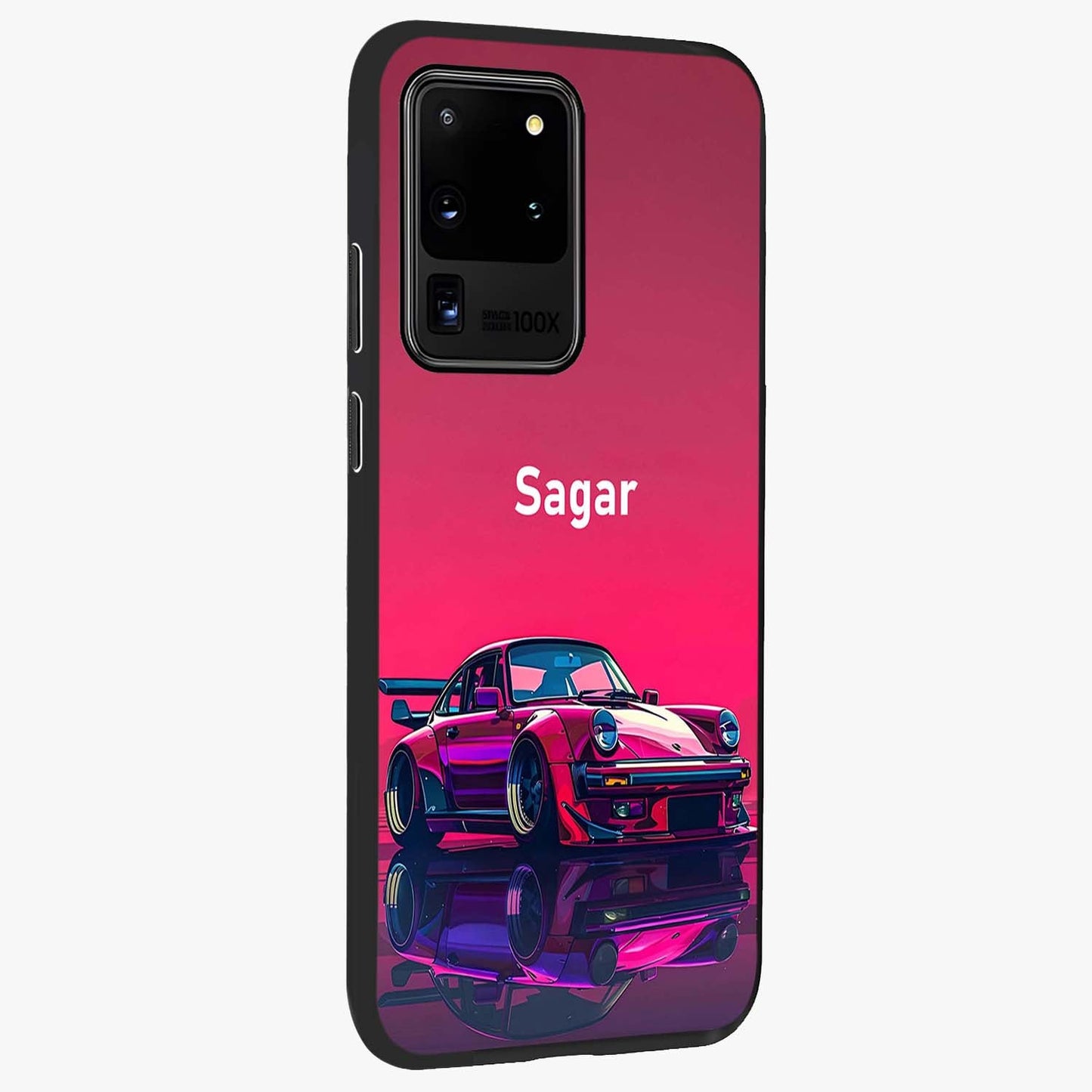 Neon Pink Porsche Glass Case upright view showcasing vibrant sports car artwork with bold automotive theme.