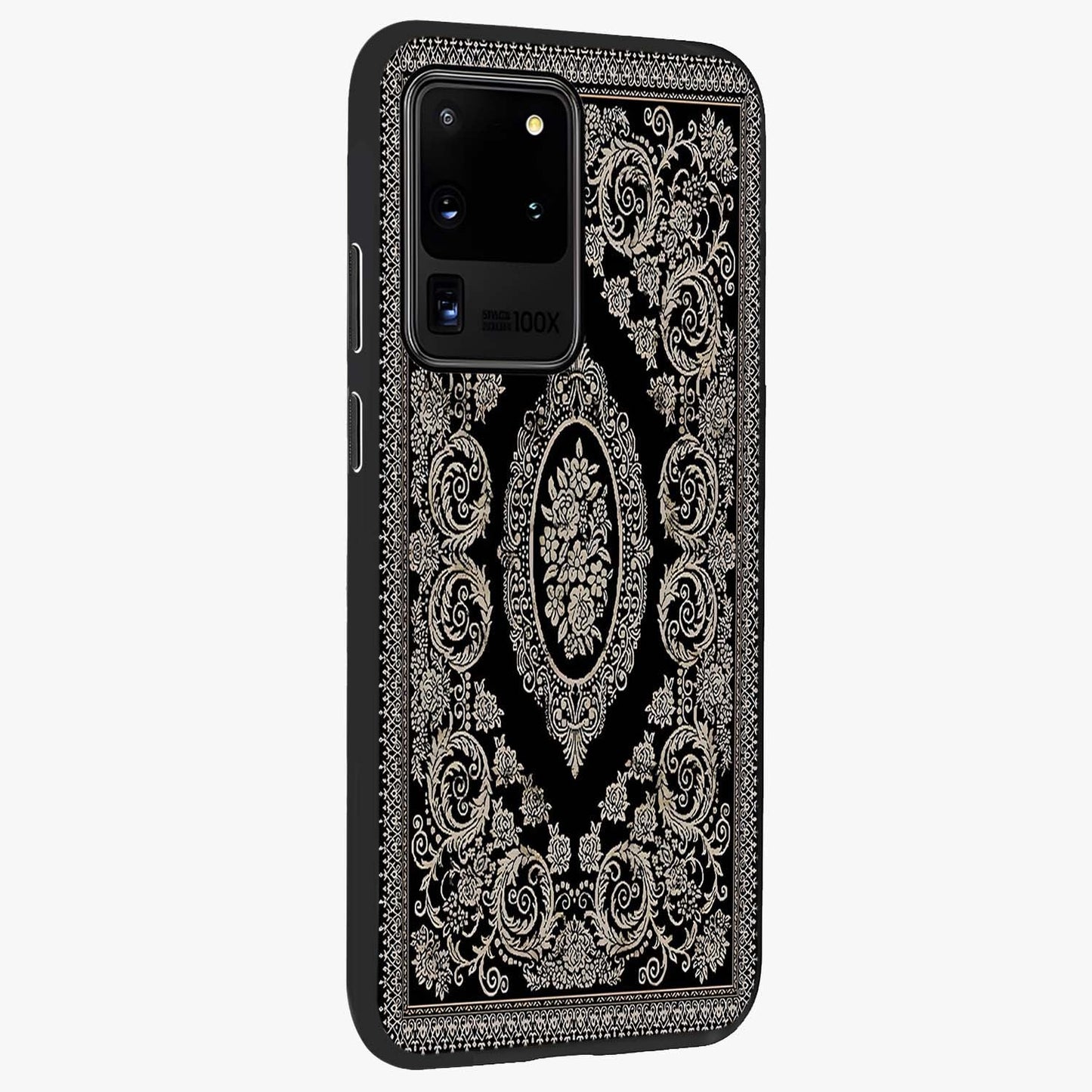 Noir Bloom Elegance Glass Case upright view showcasing graceful floral artwork with luxurious dark theme.