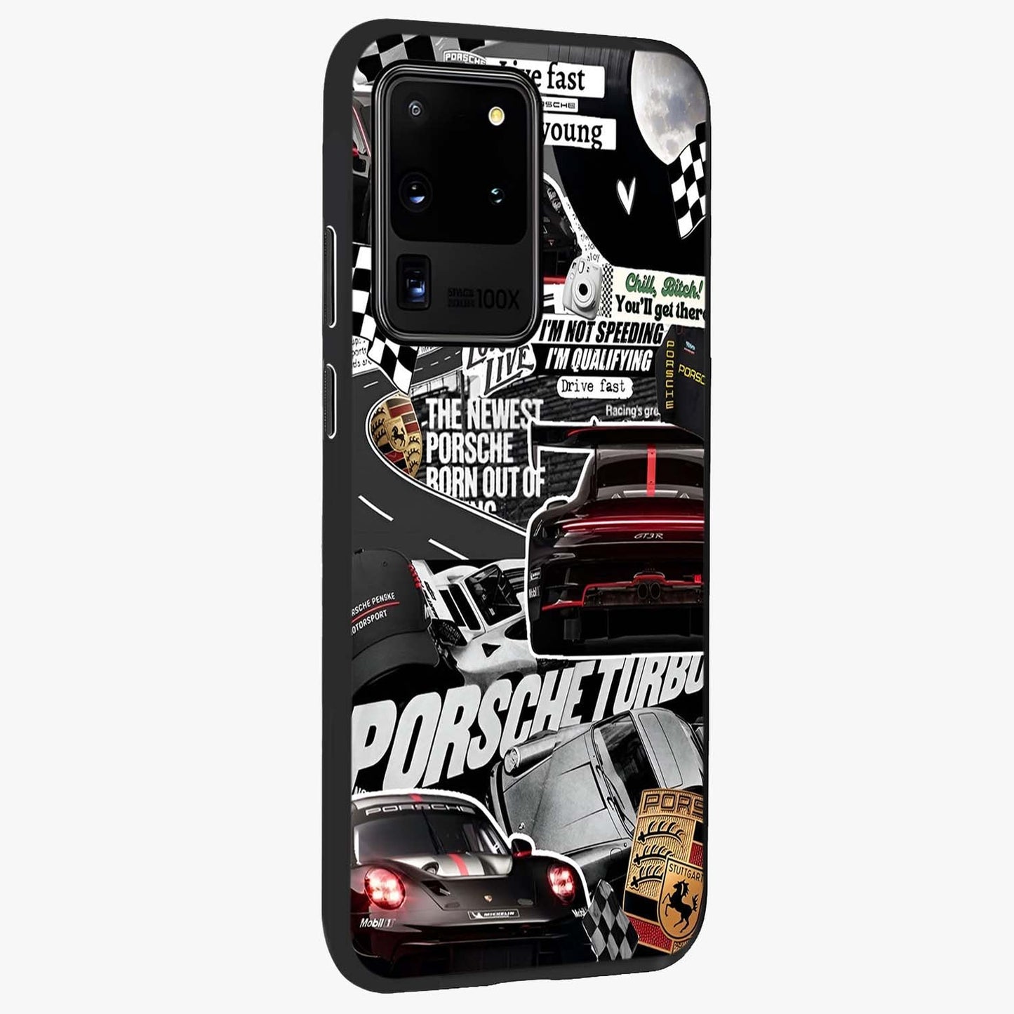 Porsche Racing Collage Glass Case upright view showcasing energetic car collage artwork with high speed racing theme.
