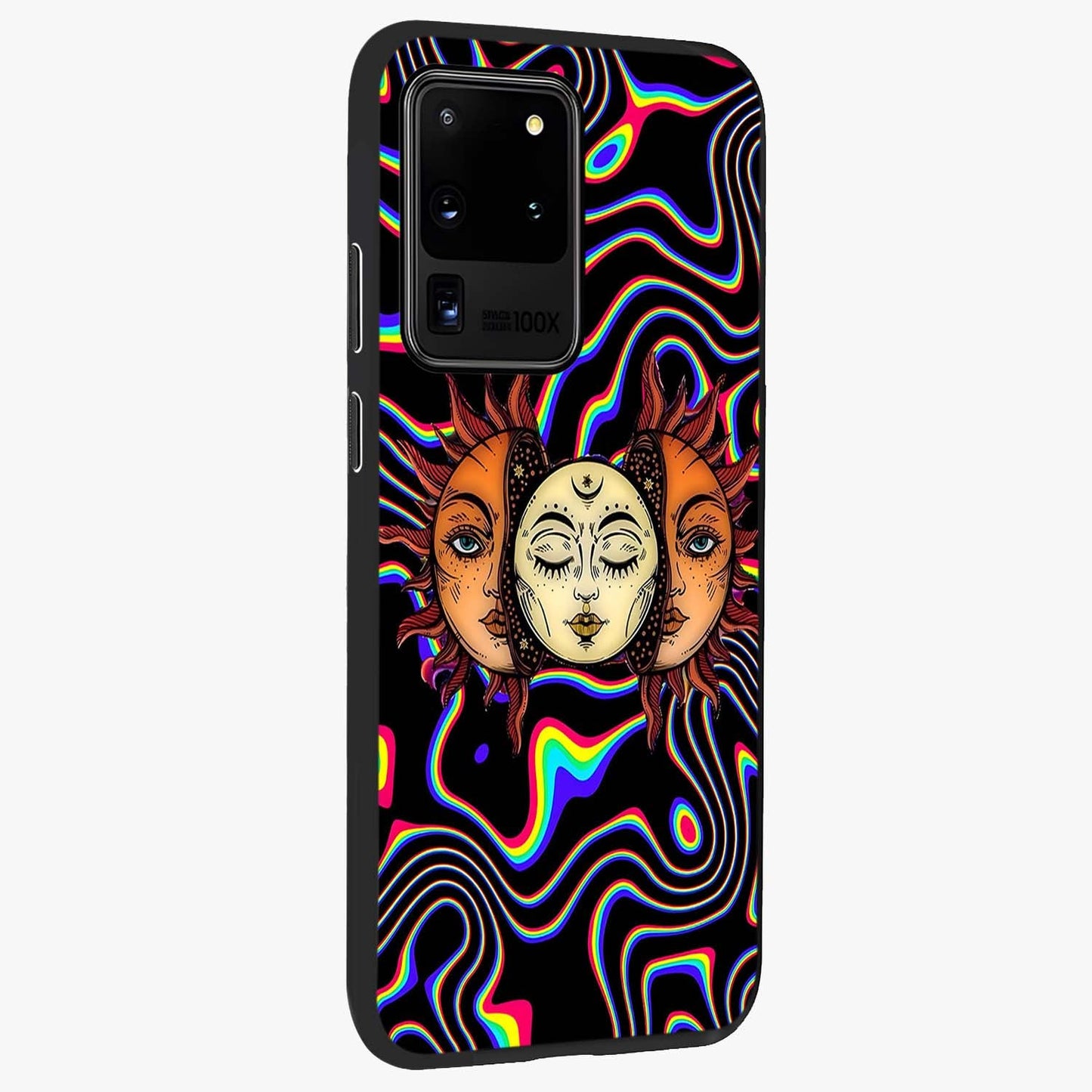 Psychedelic Sun Glass Case upright view showcasing trippy sun artwork with bold psychedelic theme.