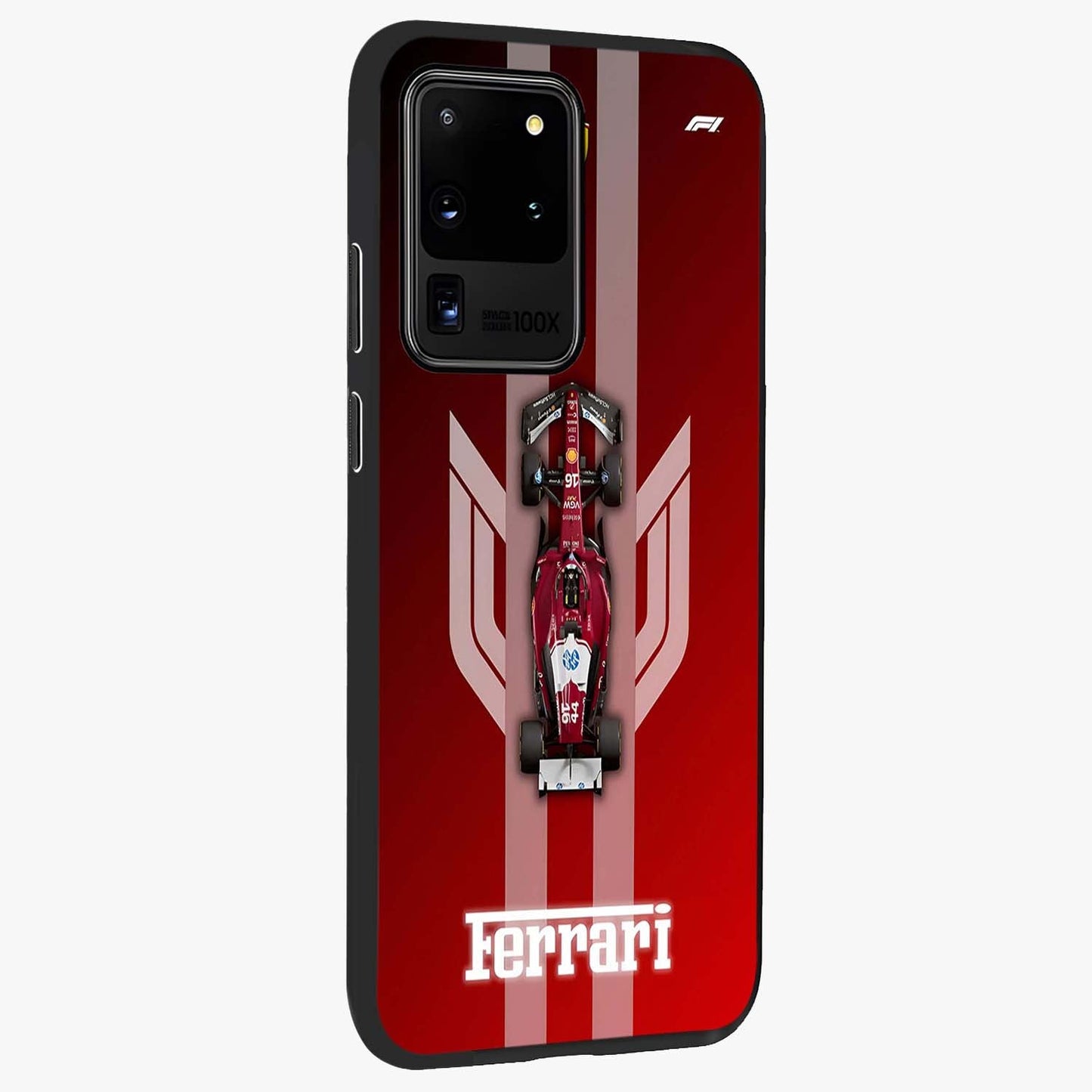Red Ferrari F1 Vertical Glass Case upright view showcasing powerful Formula car artwork with dynamic motorsport theme.