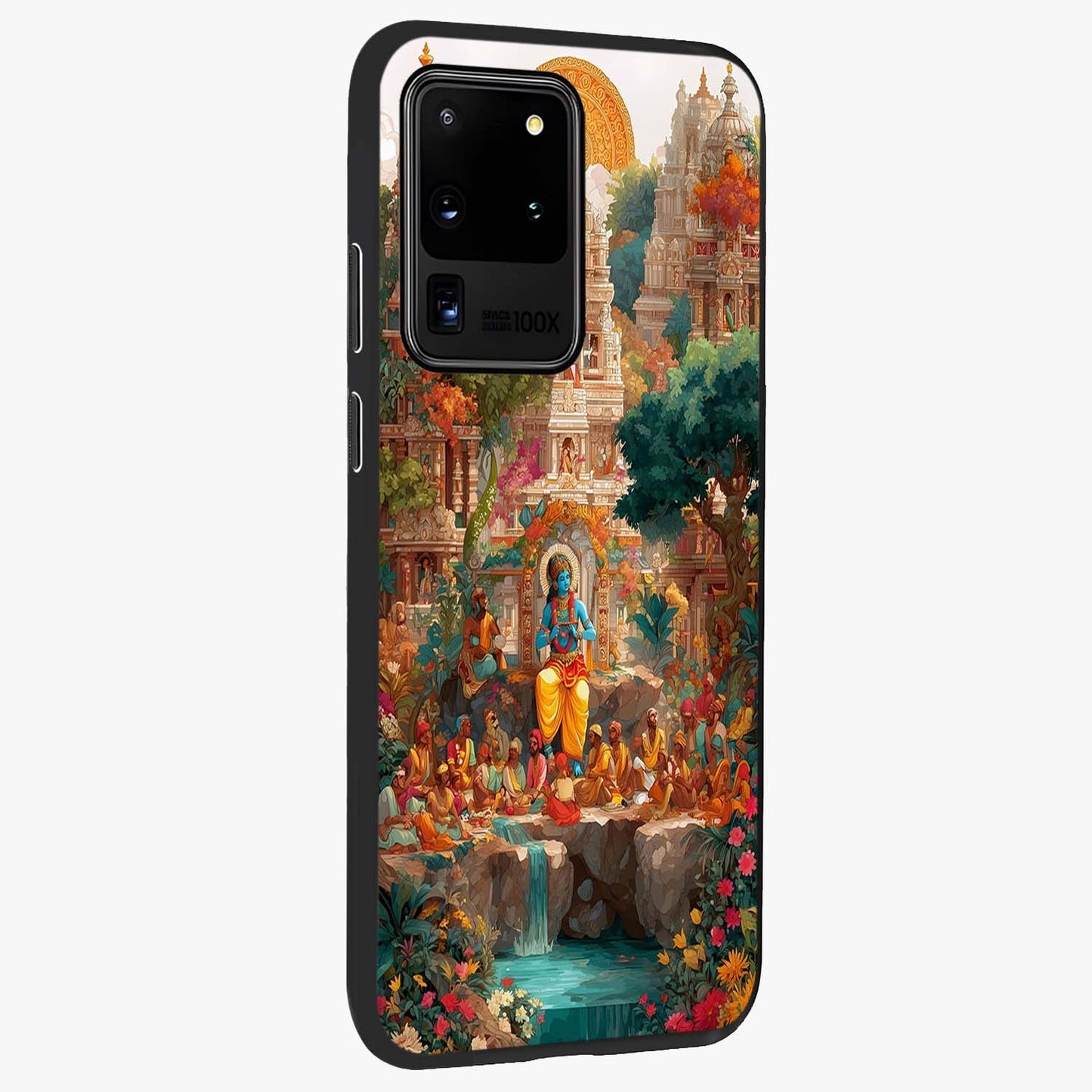 Sacred Sunlight Gods Glass Case upright view showcasing glowing divine artwork with sacred mythological theme.