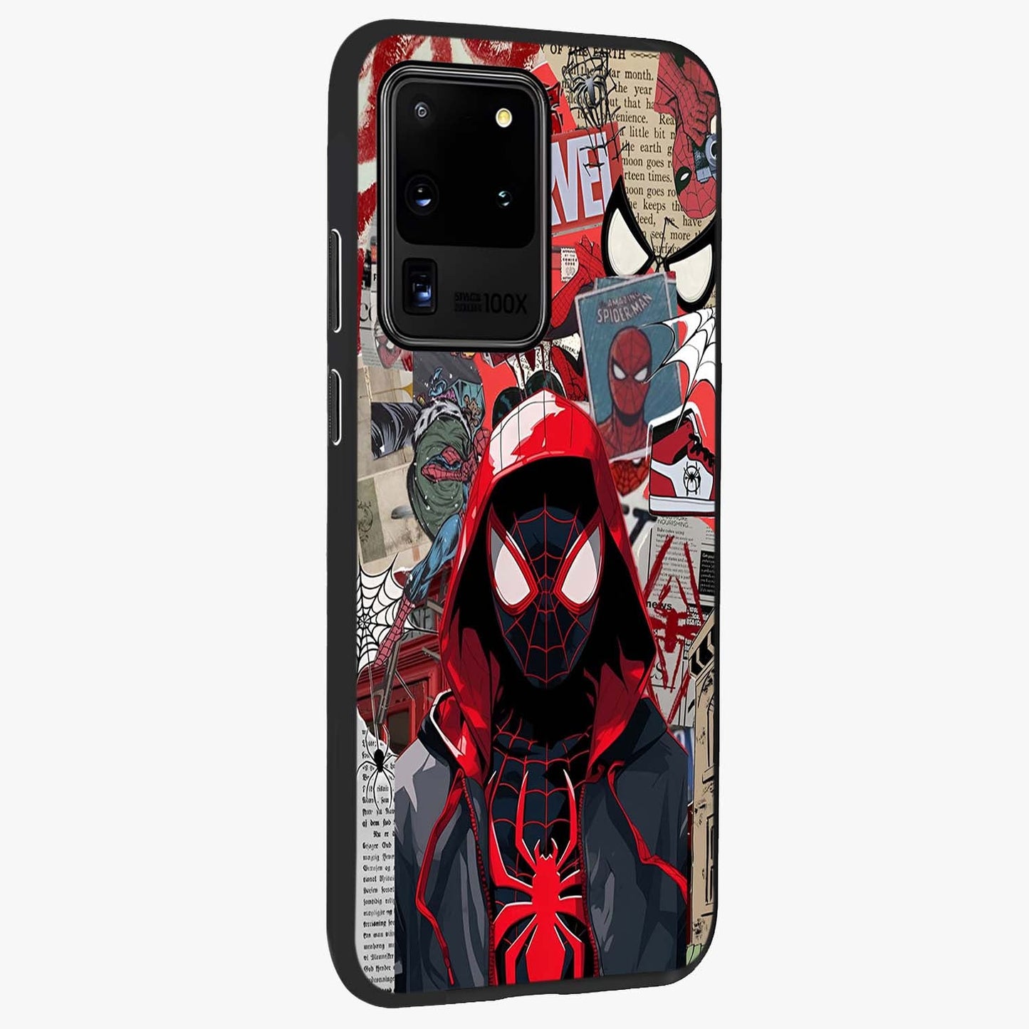 Spider Collage Street Glass Case upright view showcasing bold superhero artwork with urban street theme.