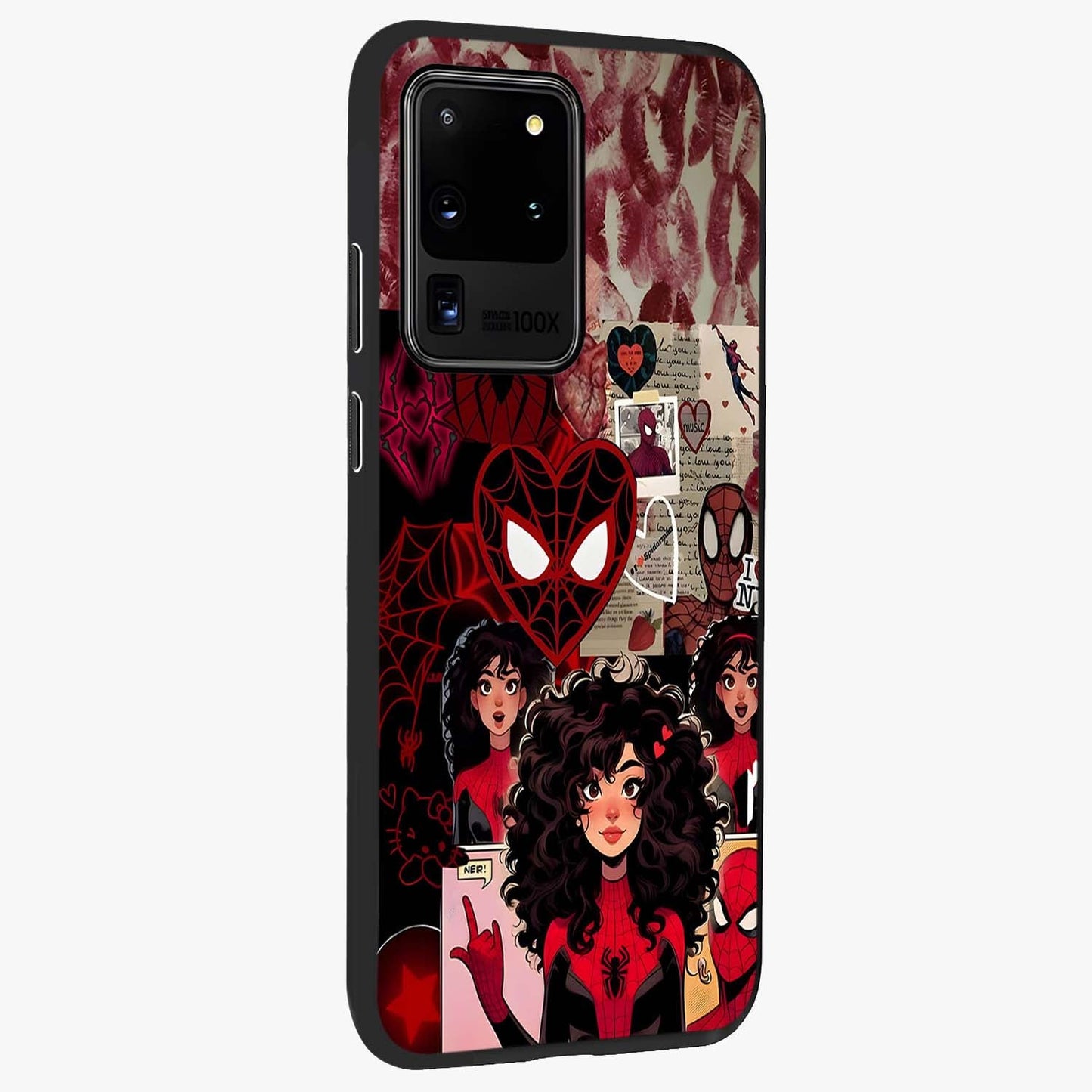 Spider Love Story Glass Case upright view showcasing charming superhero artwork with romantic comic theme.