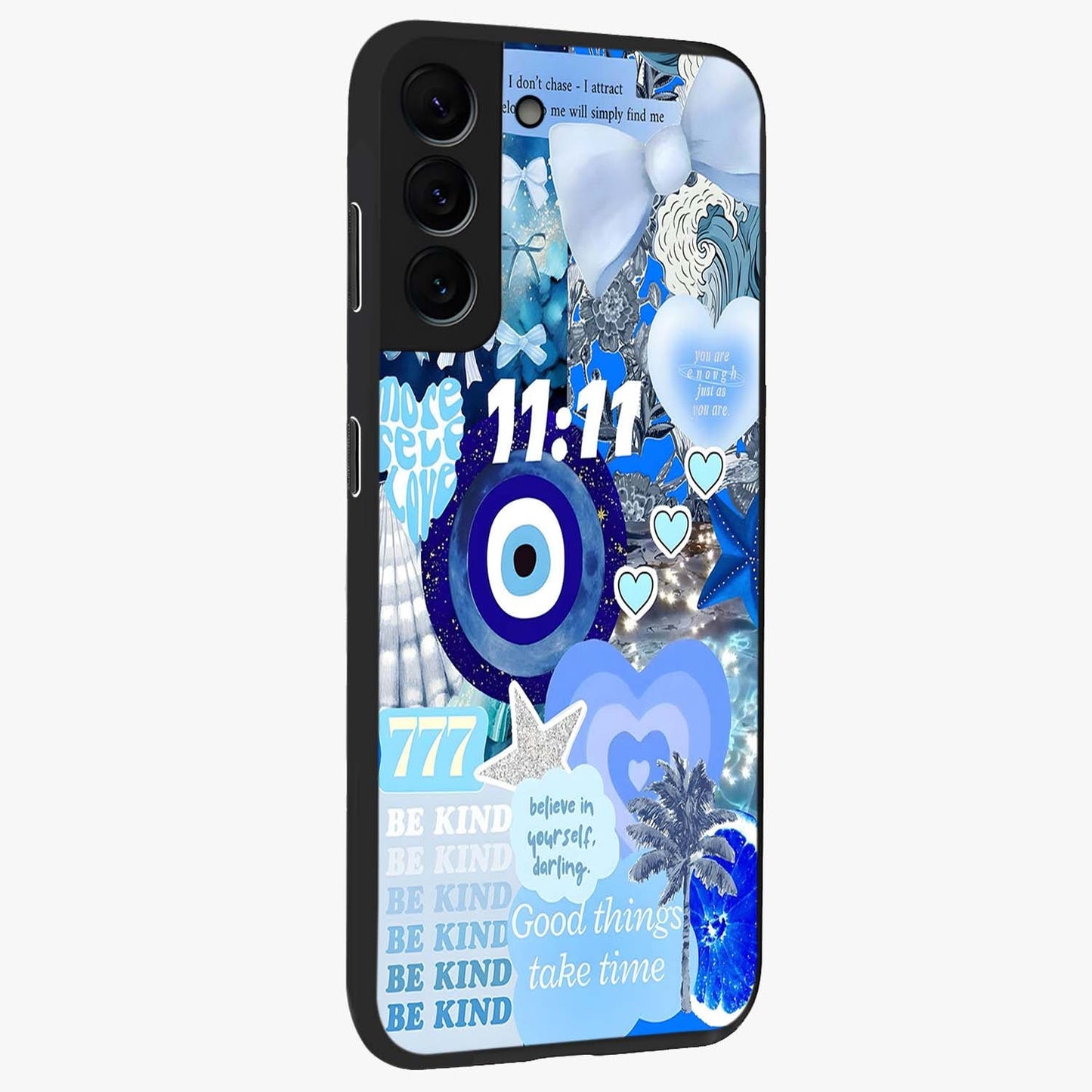 Aesthetic Be Kind Eye Glass Case upright view showcasing stylish eye illustration with positive message theme.