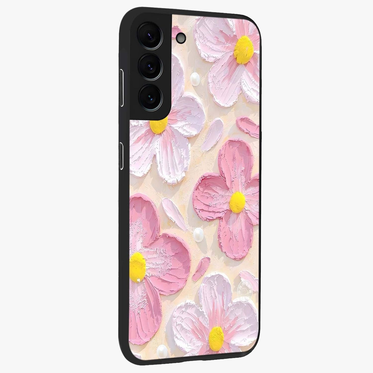Blush Bloom Texture Glass Case upright view showcasing delicate blush floral texture with modern minimal style.