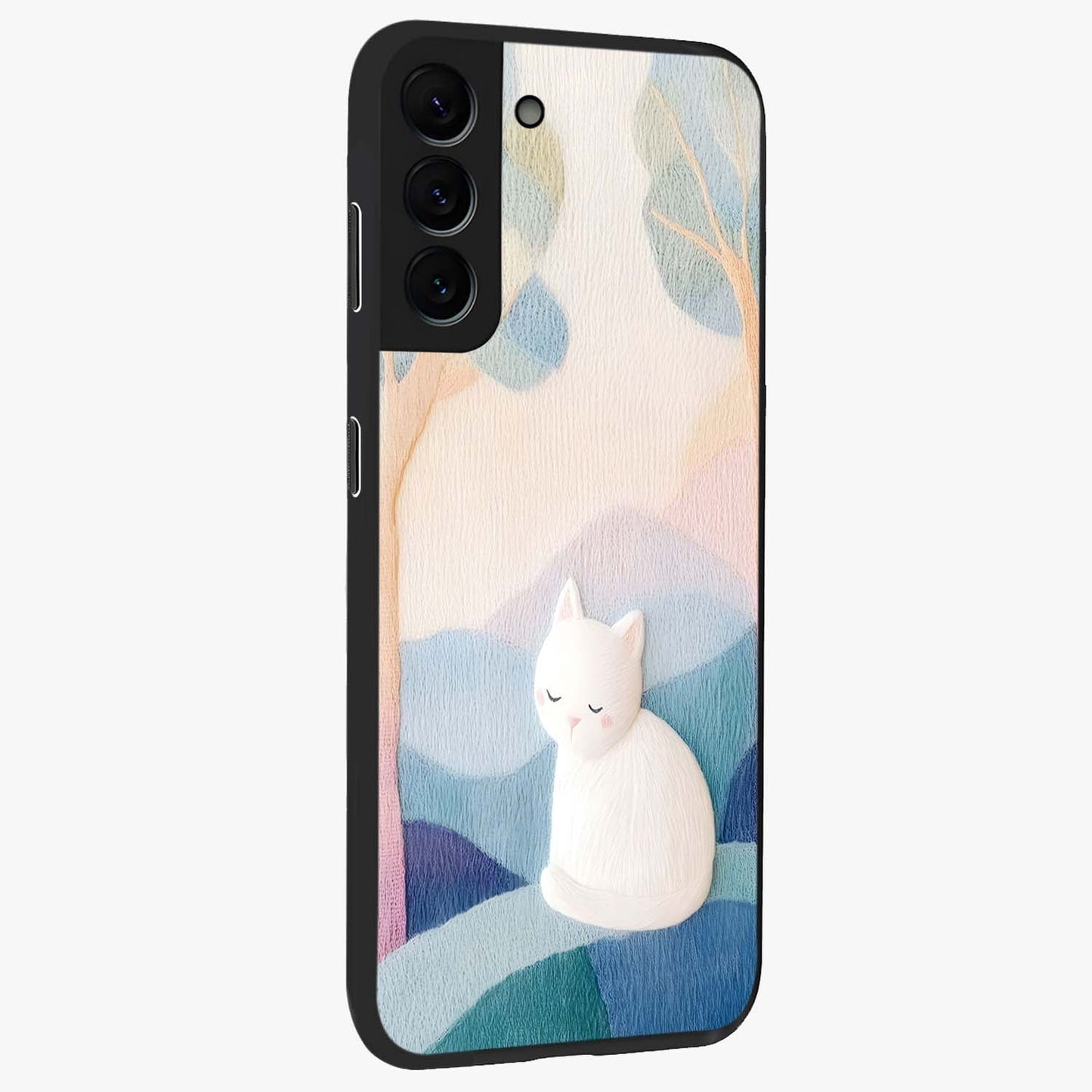 Cotton Dream Cat Glass Case upright view showcasing charming cat artwork with cozy dreamy theme.
