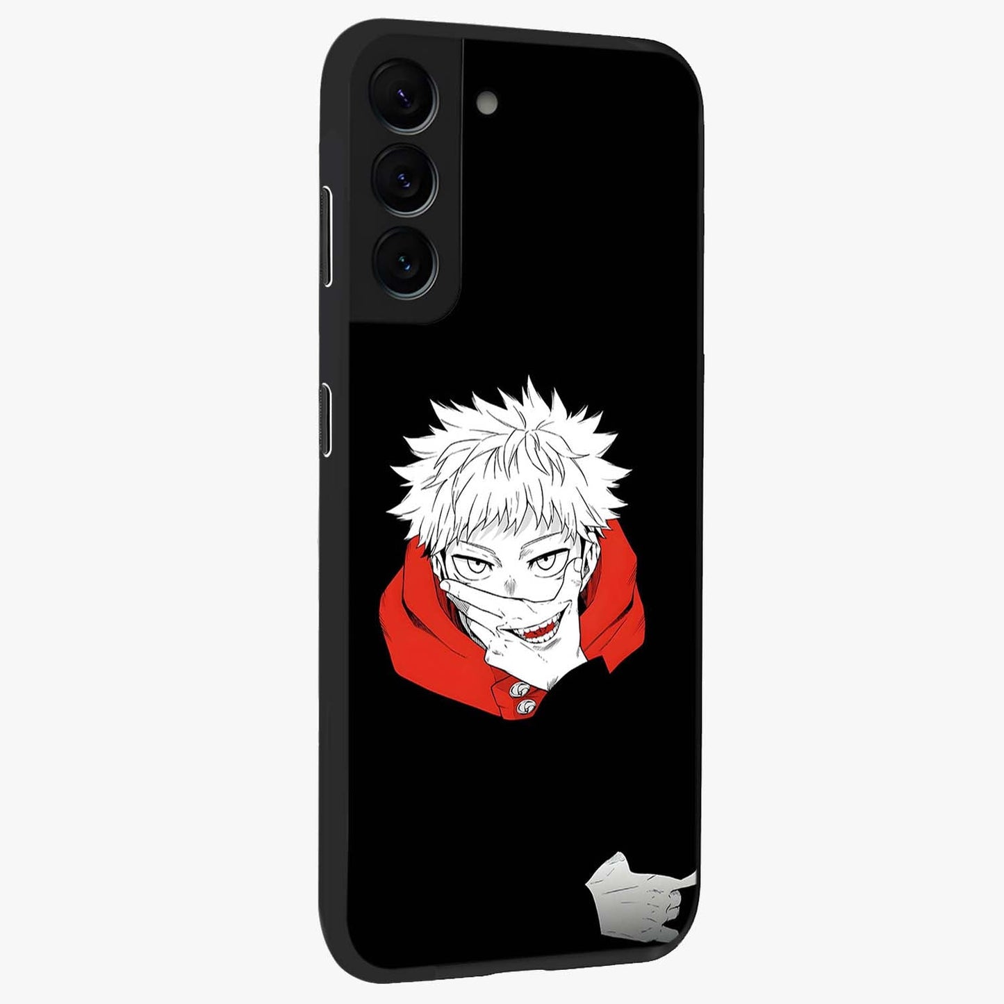 Crimson Chaos Smile Glass Case upright view showcasing expressive chaotic artwork with striking visual theme.