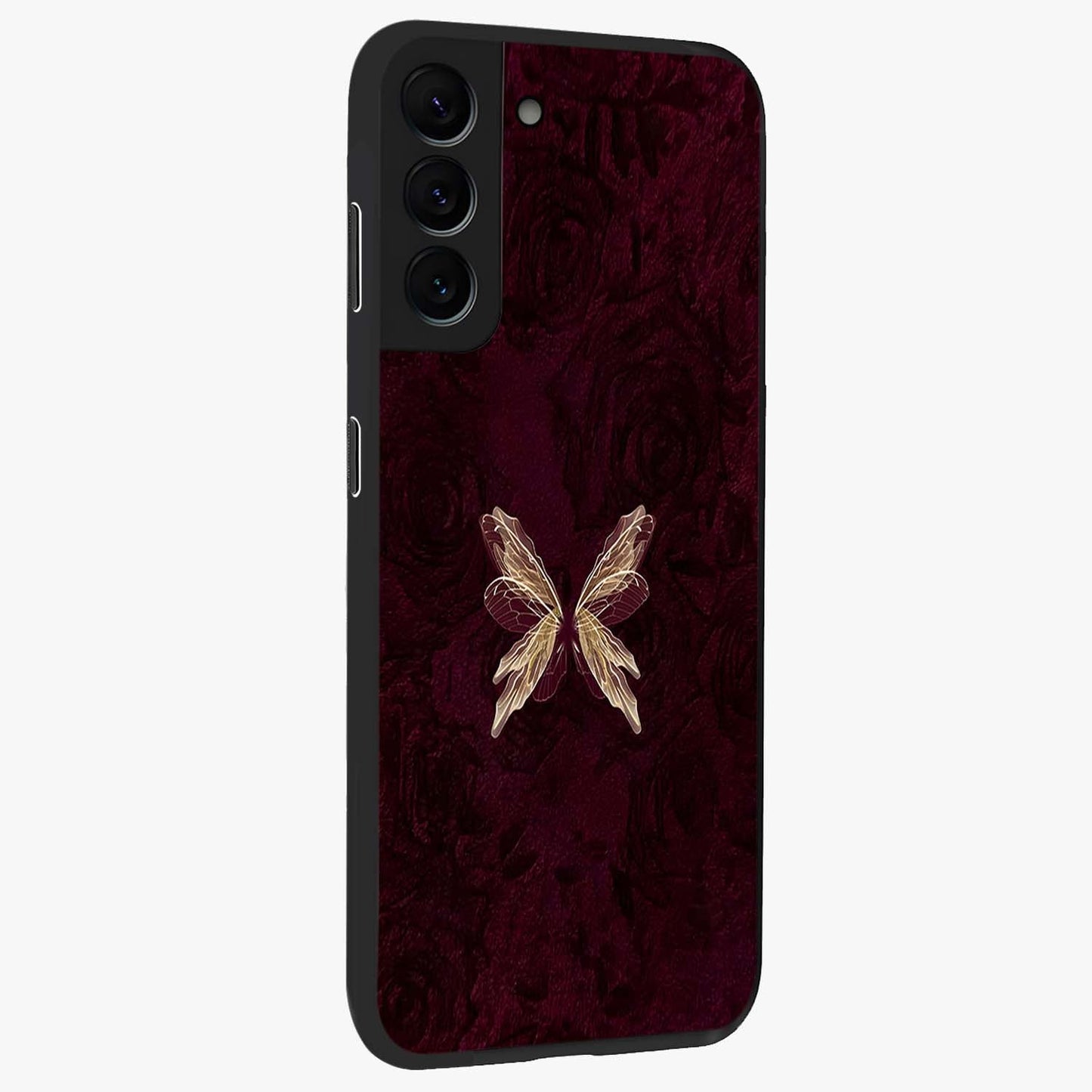 Crimson Fade Butterfly Glass Case upright view showcasing graceful butterfly artwork with soft crimson fade effect.