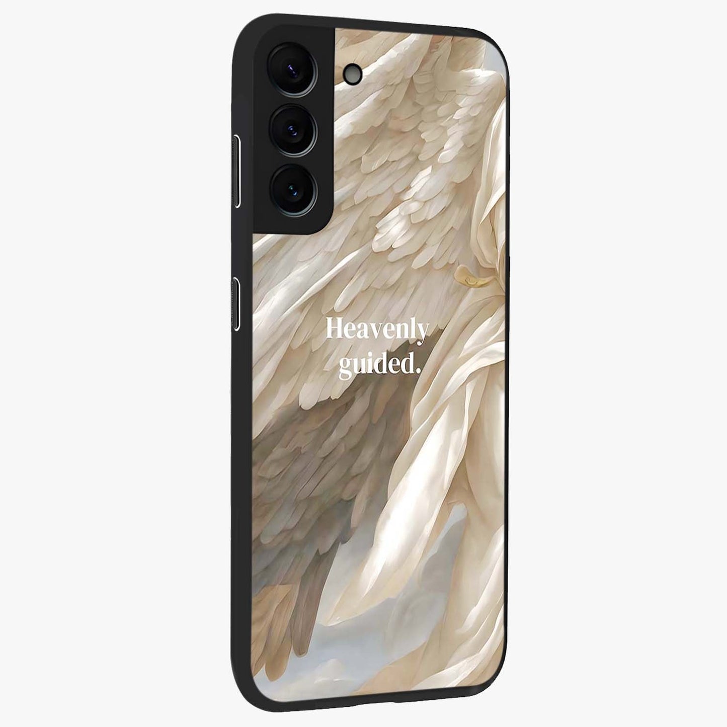 Divine Winged Grace Glass Case upright view showcasing spiritual wing artwork with soft celestial theme.