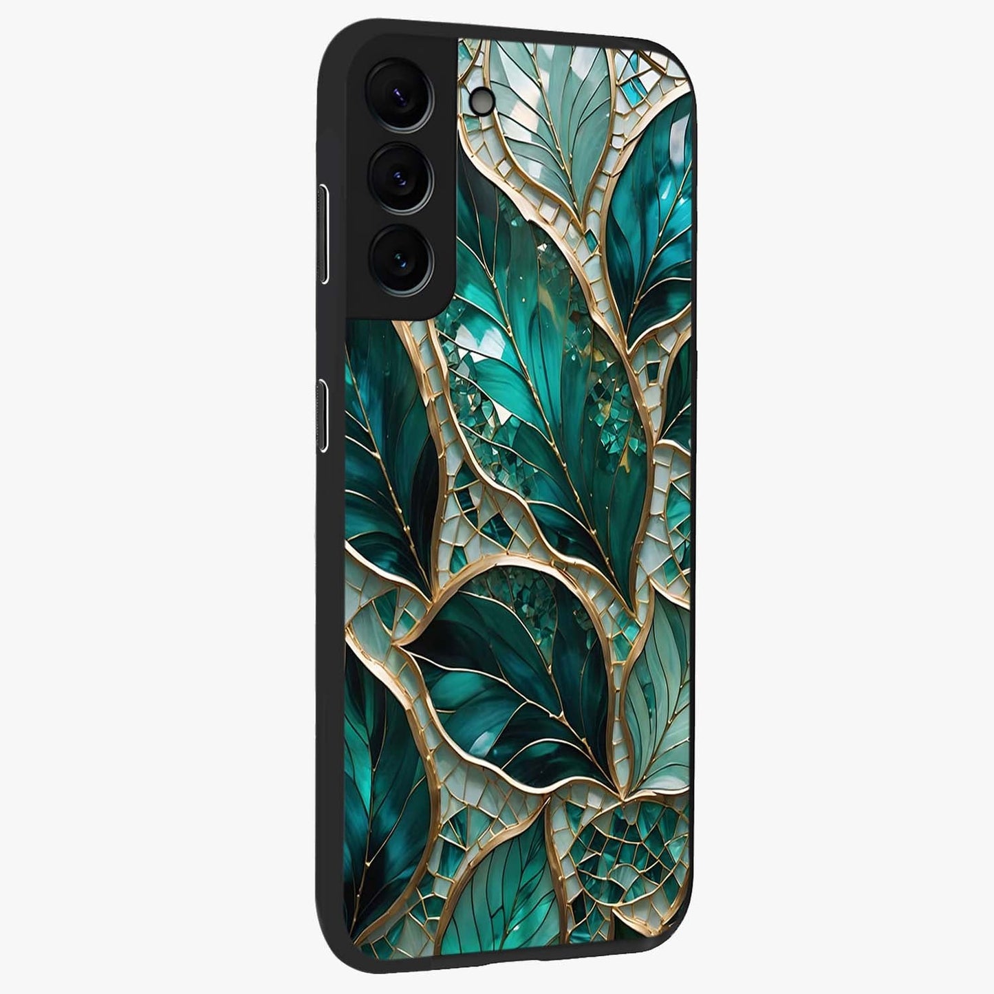 Emerald Leaf Glass Glass Case upright view showcasing fresh green leaf artwork with calming nature inspired style.
