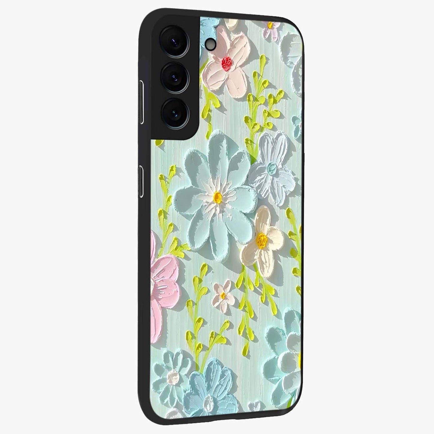 Frosted Petal Garden Glass Case upright view showcasing elegant floral garden artwork with soothing pastel theme.