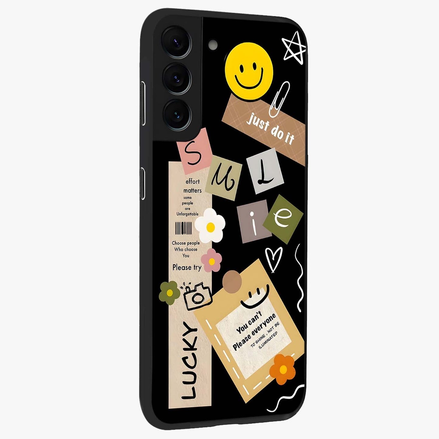 Lucky Aesthetic Collage Glass Case upright view showcasing vibrant collage artwork with youthful aesthetic theme.