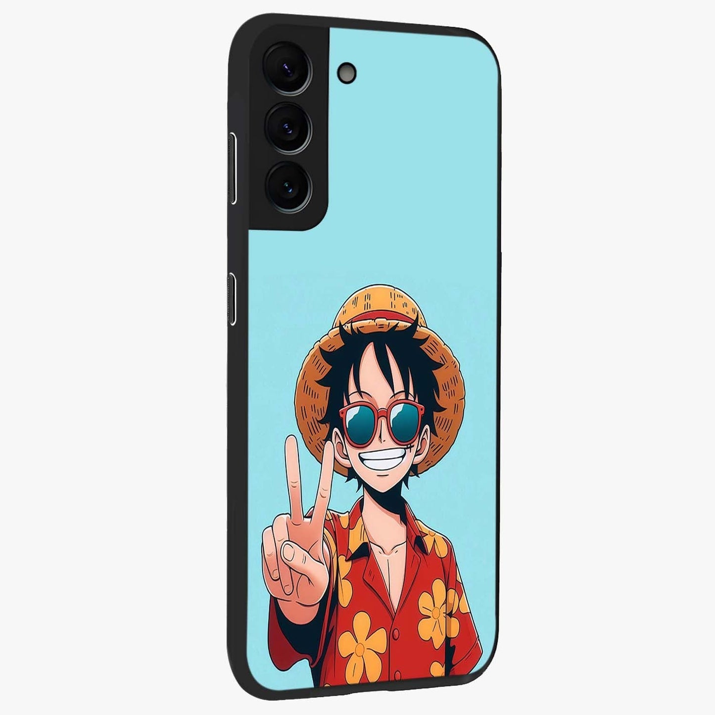 Luffy Summer Anime Vibe Glass Case upright view showcasing dynamic anime artwork with bright adventurous theme.