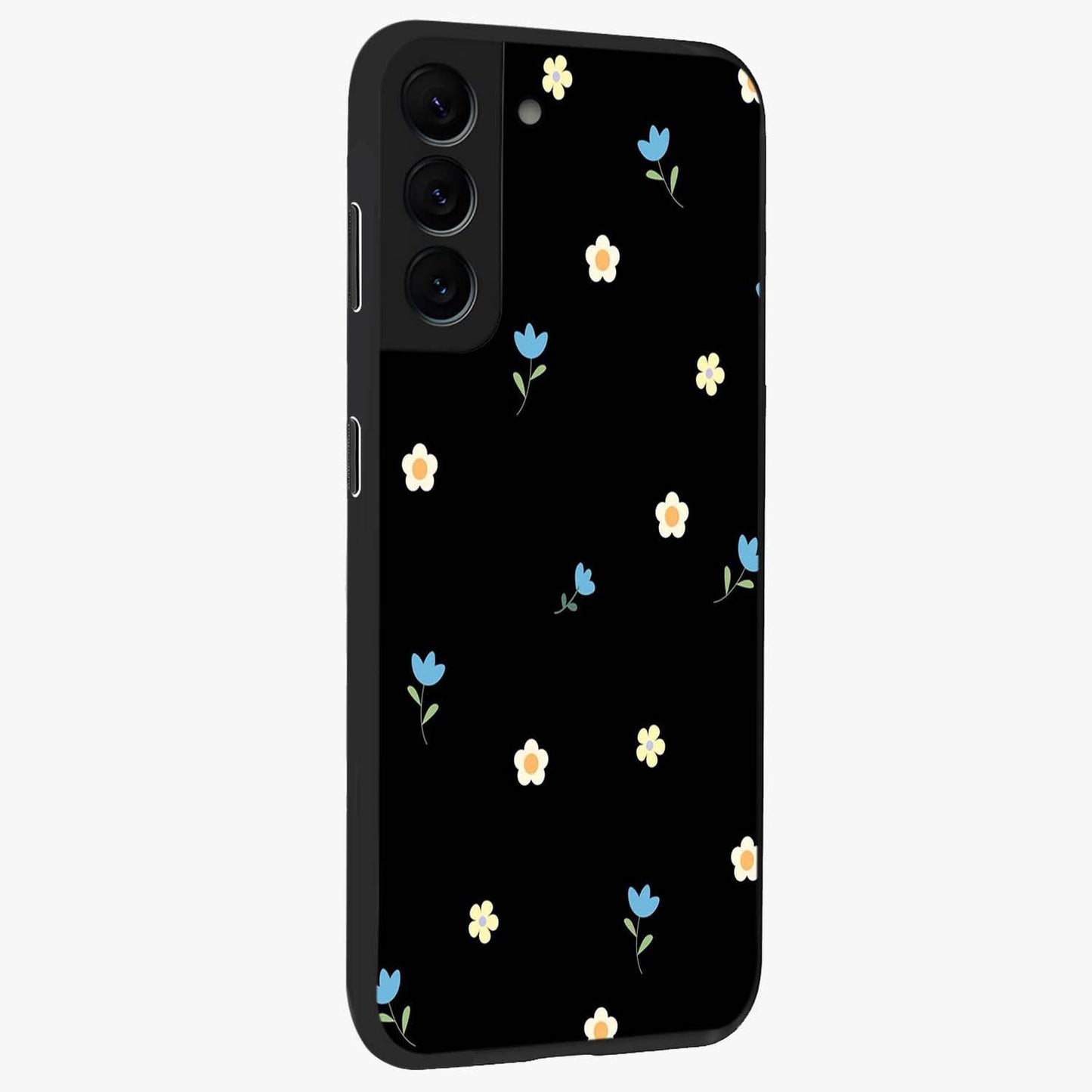 Minimal Petal Whispers Glass Case upright view showcasing elegant floral artwork with modern minimalist style.