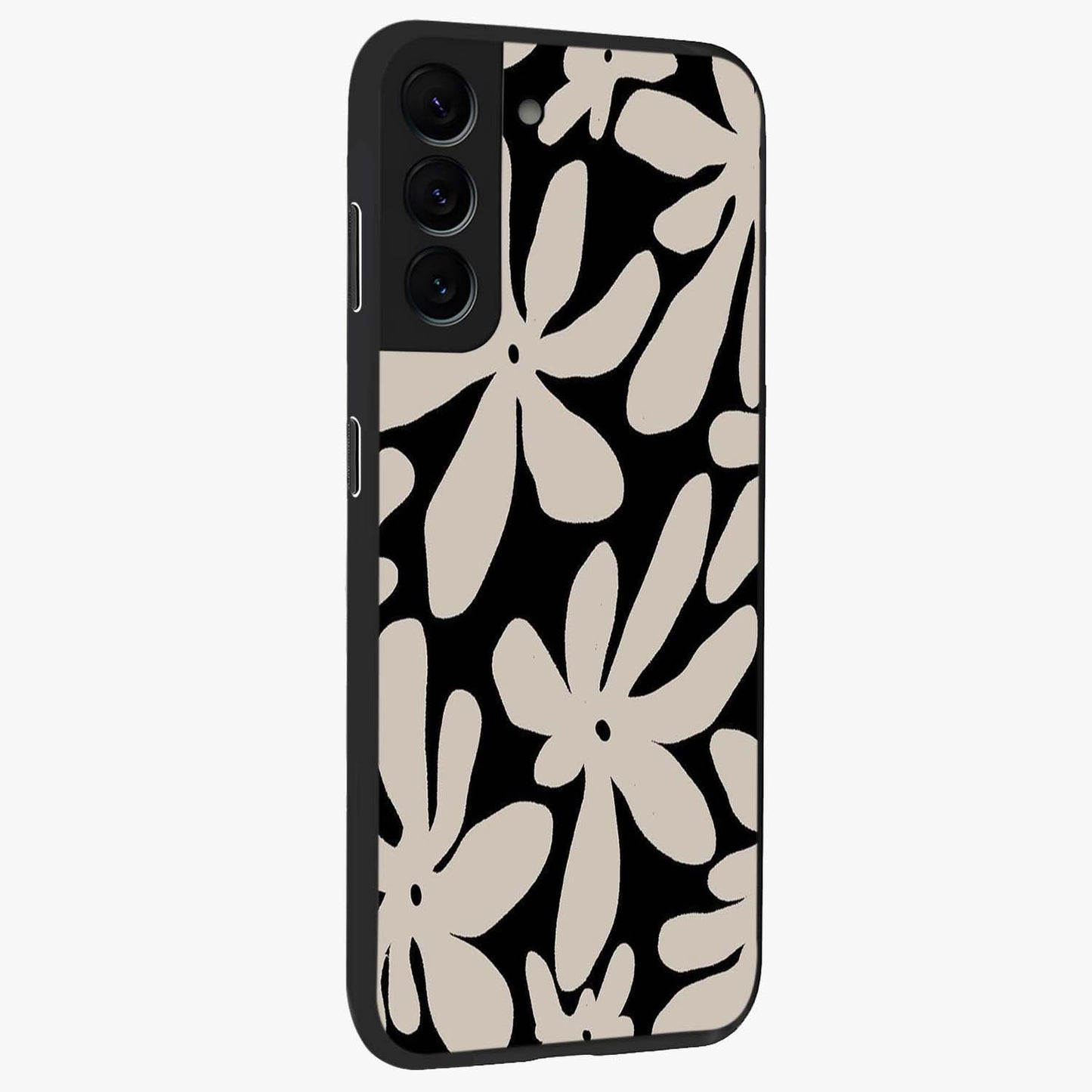 Monochrome Petal Dance Glass Case upright view showcasing artistic floral pattern with stylish monochrome theme.