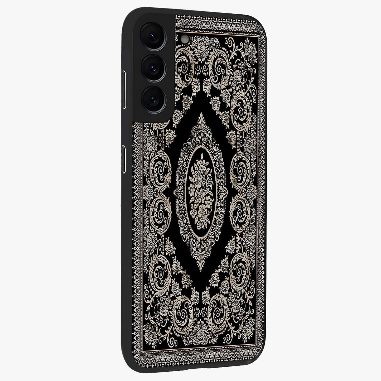 Noir Bloom Elegance Glass Case upright view showcasing graceful floral artwork with luxurious dark theme.