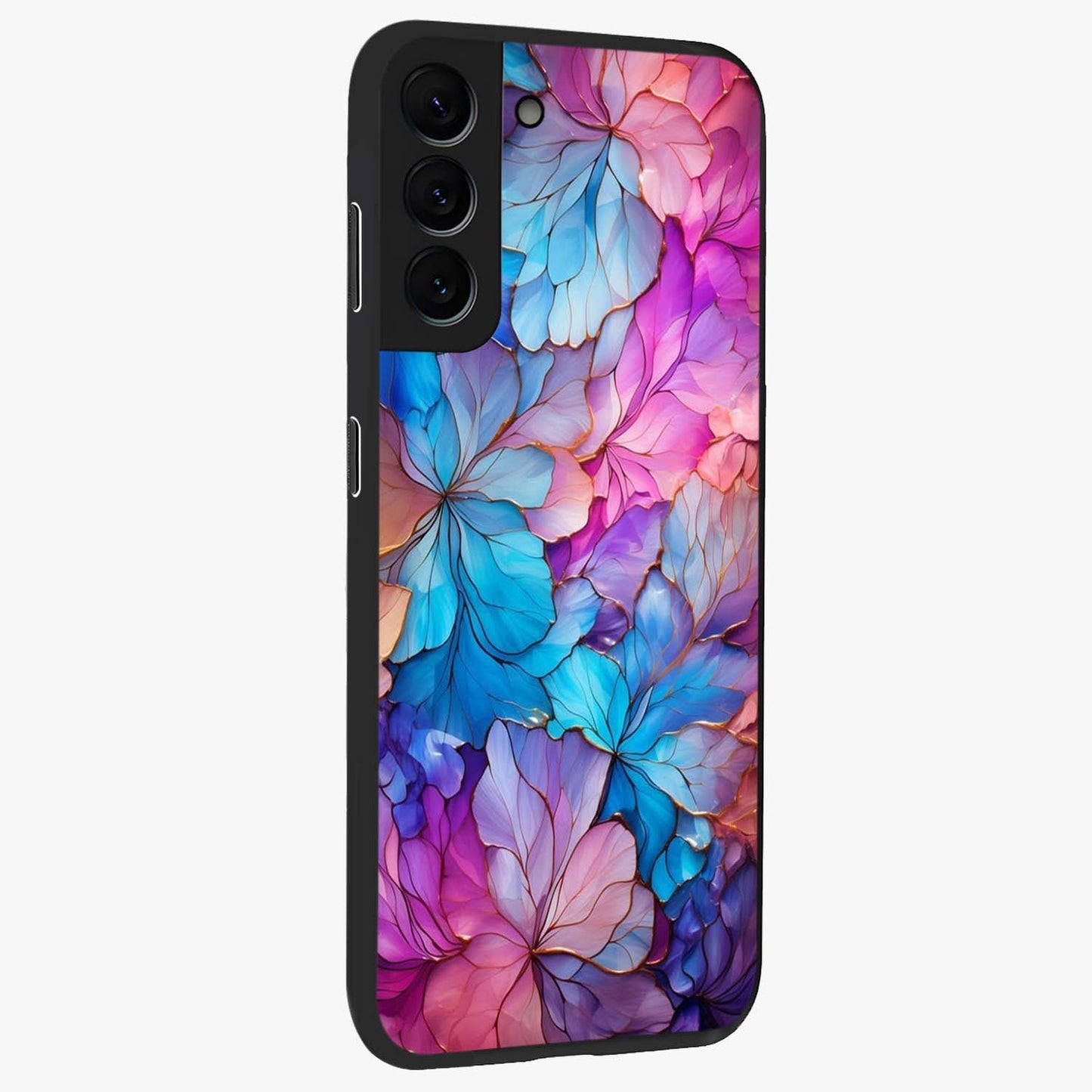 Radiant Floral Whirl Glass Case upright view showcasing lively floral artwork with decorative swirl theme.