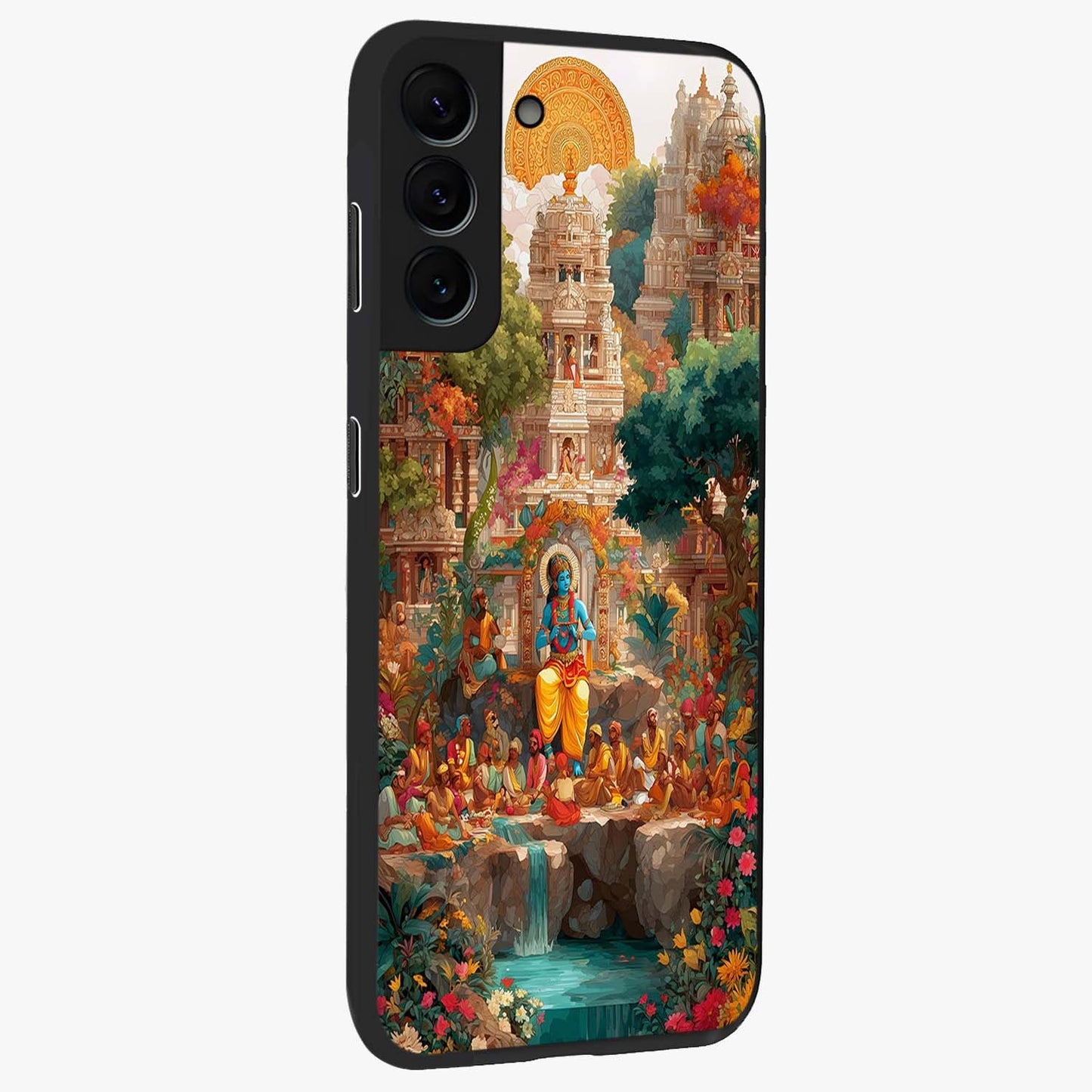 Sacred Sunlight Gods Glass Case upright view showcasing glowing divine artwork with sacred mythological theme.