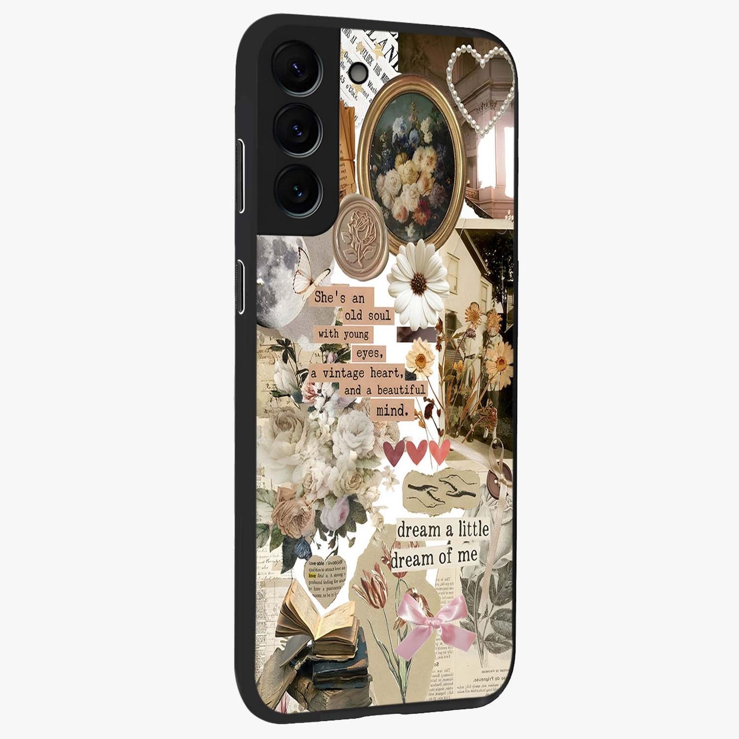 Aesthetic Brown Vintage Collage Glass Case upright view showcasing nostalgic retro artwork with stylish vintage theme.