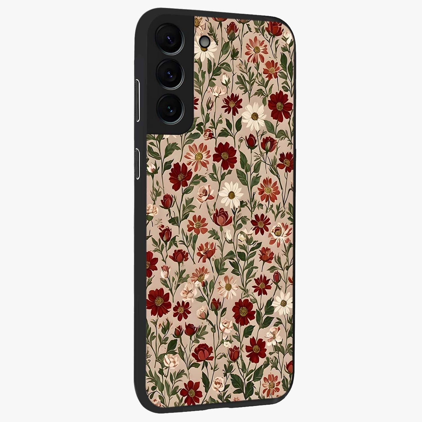 Biege Flower With Leaf Glass Case upright view showcasing delicate beige flower illustration with clean botanical style.