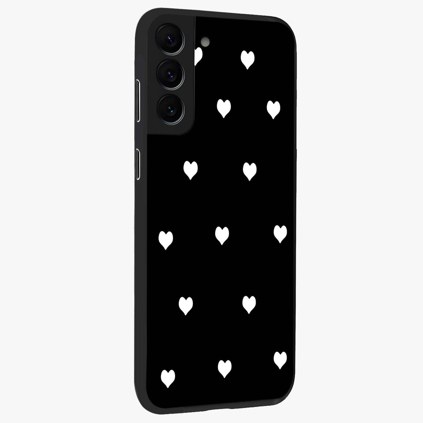Cute And Simple White Hearts Glass Case upright view showcasing simple white hearts artwork with soft minimal theme.