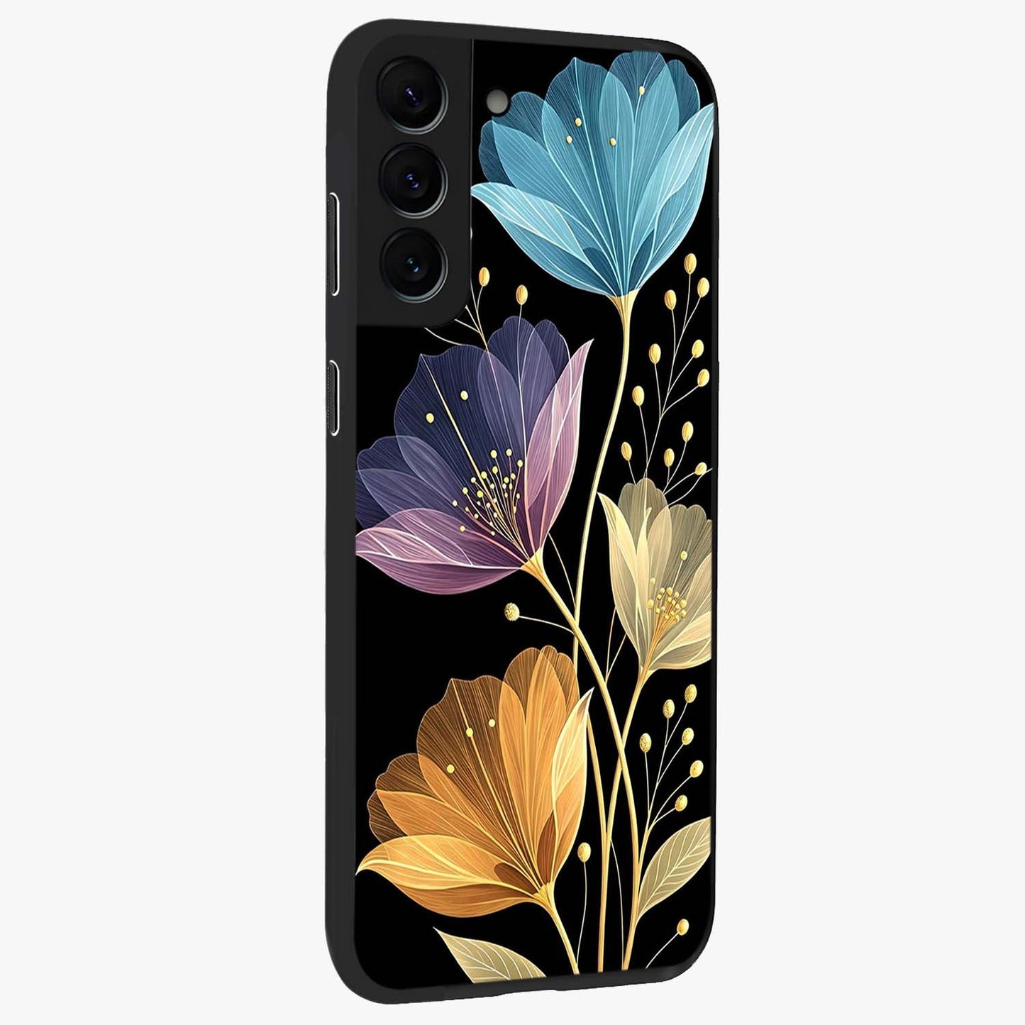 Delicate Multicolor Flowers Glass Case upright view showcasing delicate floral artwork with bright botanical theme.