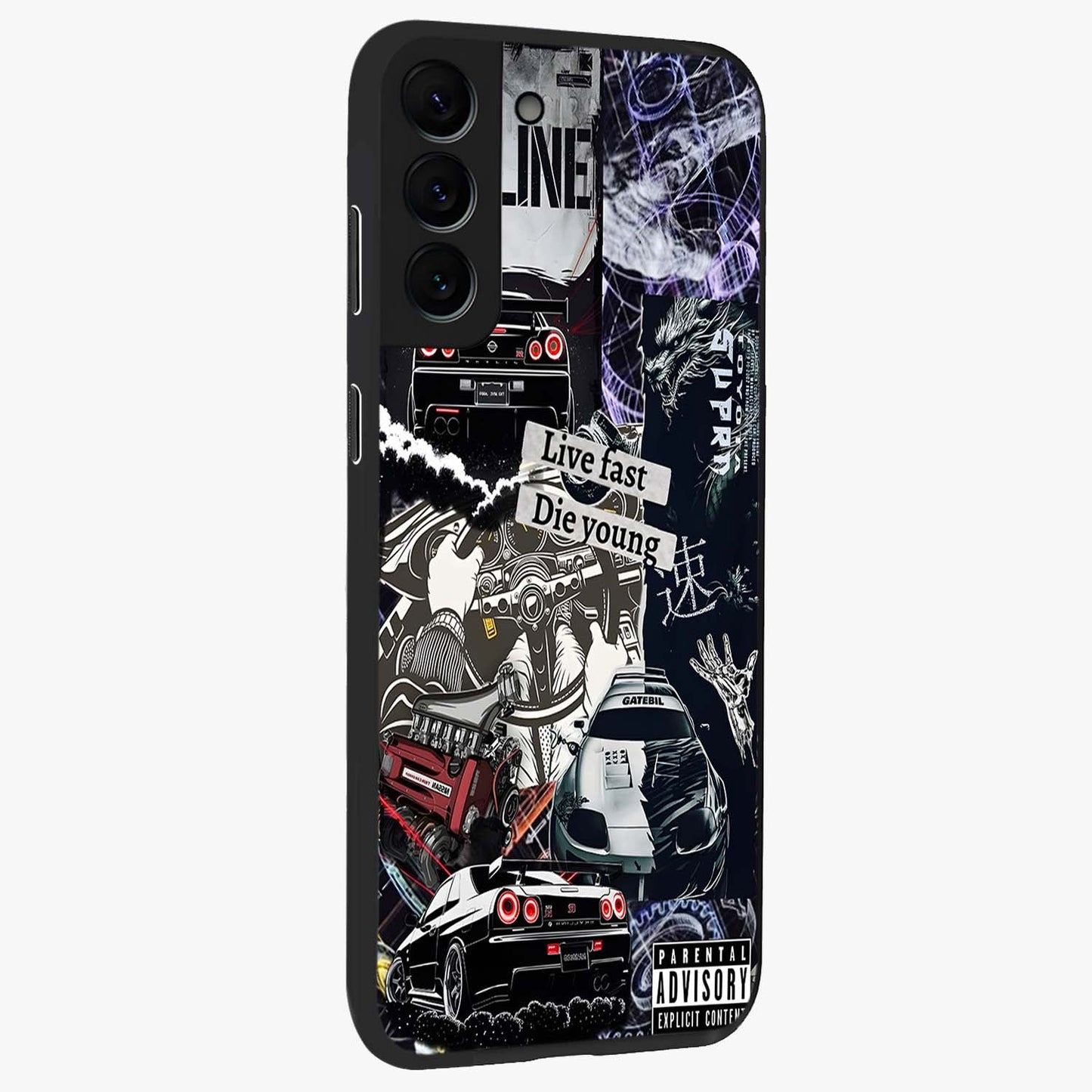 Die Young Glass Case upright view showcasing striking typography artwork with modern statement theme.