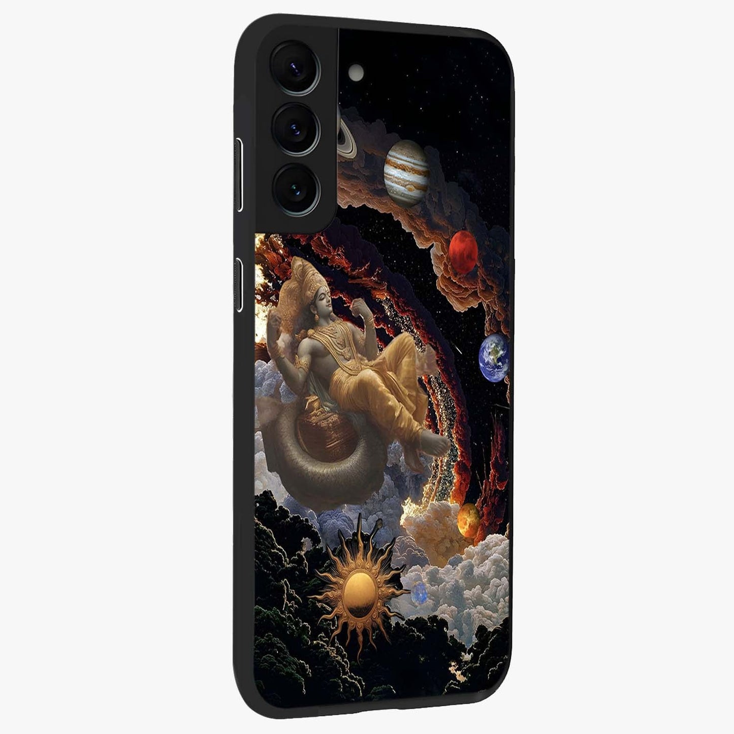 Galactic Divine God Glass Case upright view showcasing mystical divine artwork with dramatic cosmic theme.