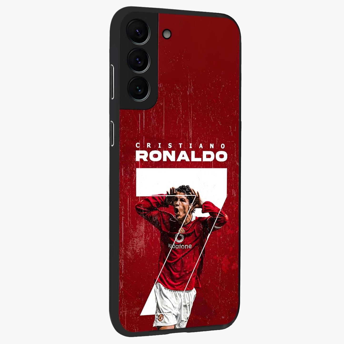 Goal Celebration Legacy Glass Case upright view showcasing dynamic football inspired artwork with victory celebration aesthetic.