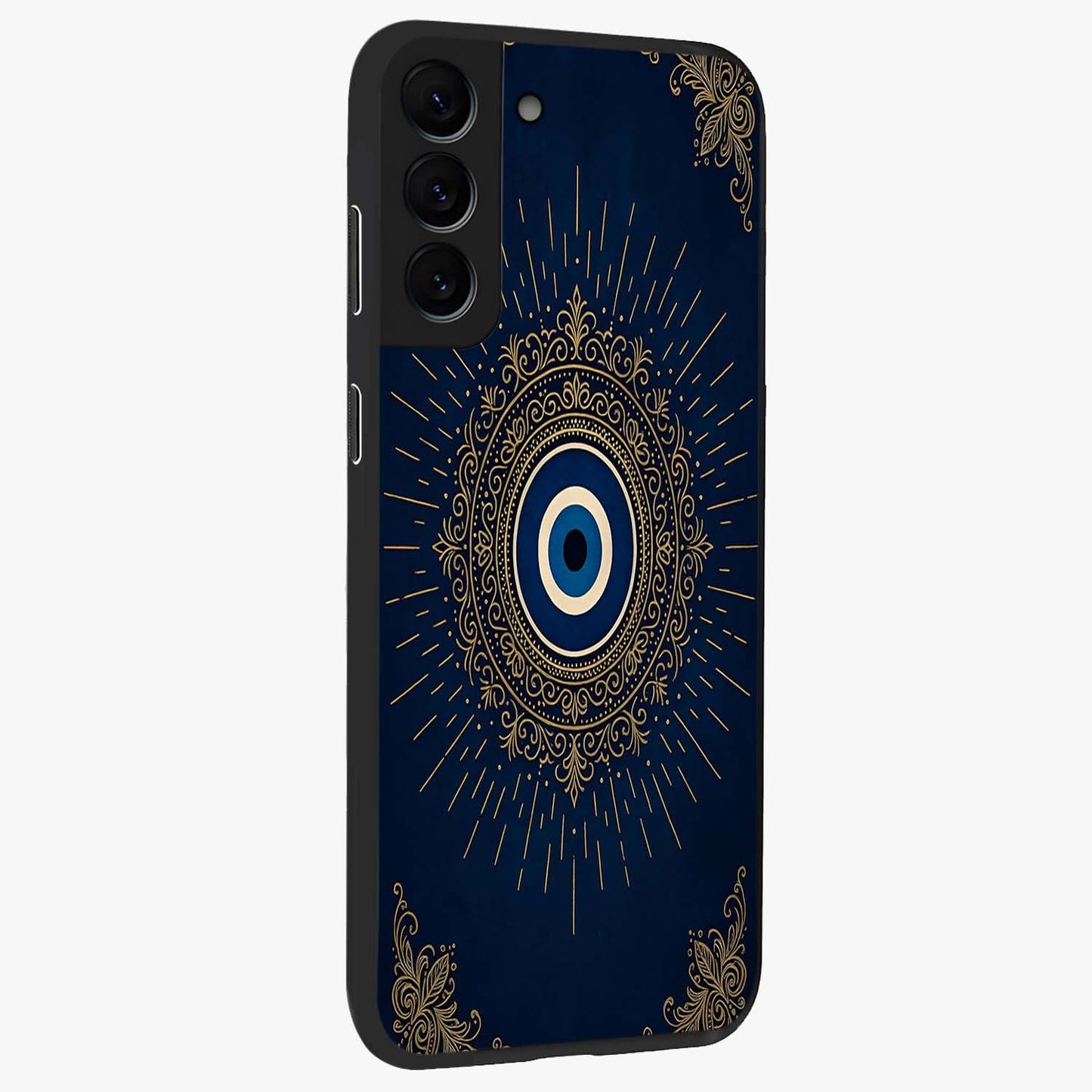 Golden Celestial Charm Glass Case upright view showcasing radiant celestial artwork with elegant golden theme.