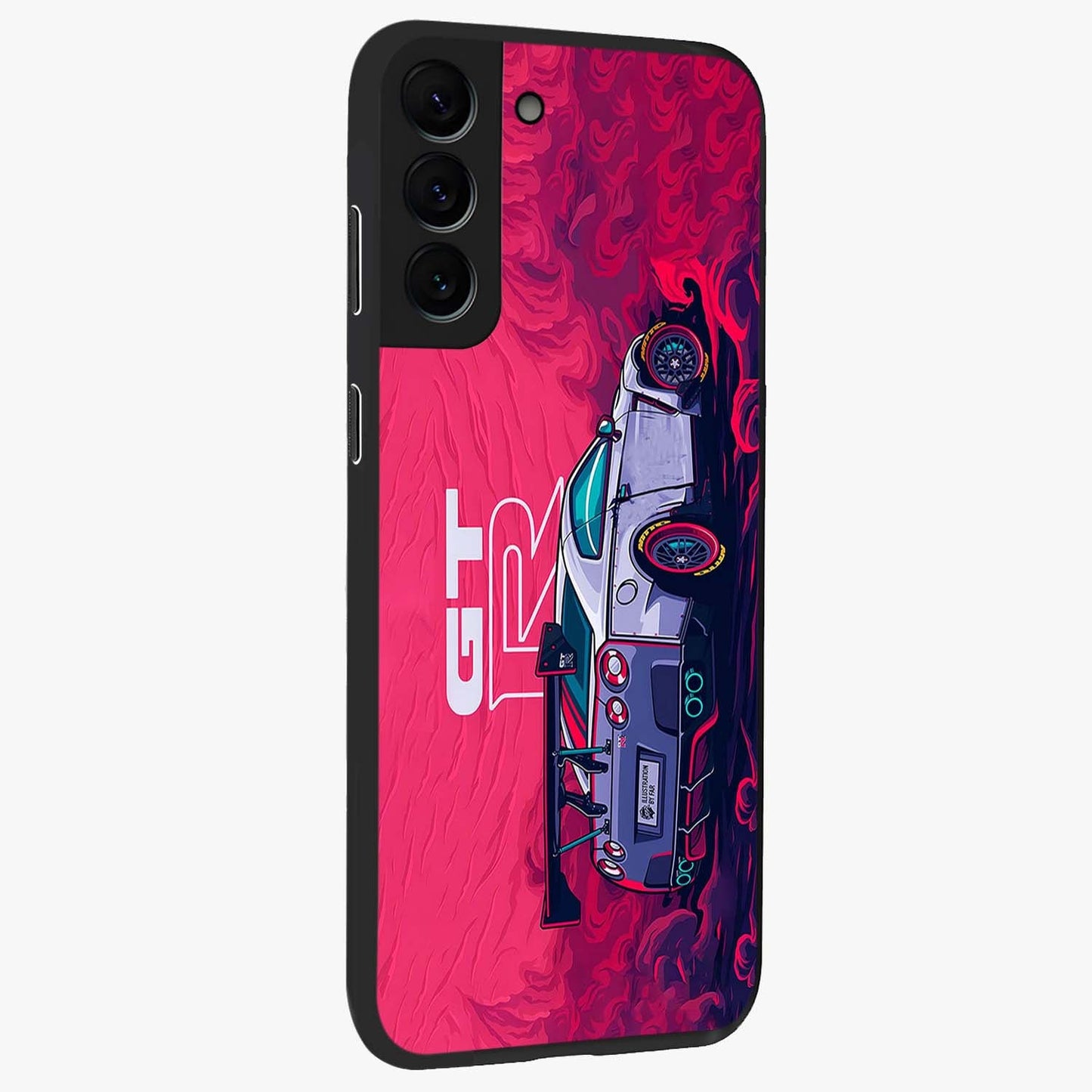 GT-R Car Pattern Glass Case upright view showcasing dynamic car pattern artwork with modern sports theme.