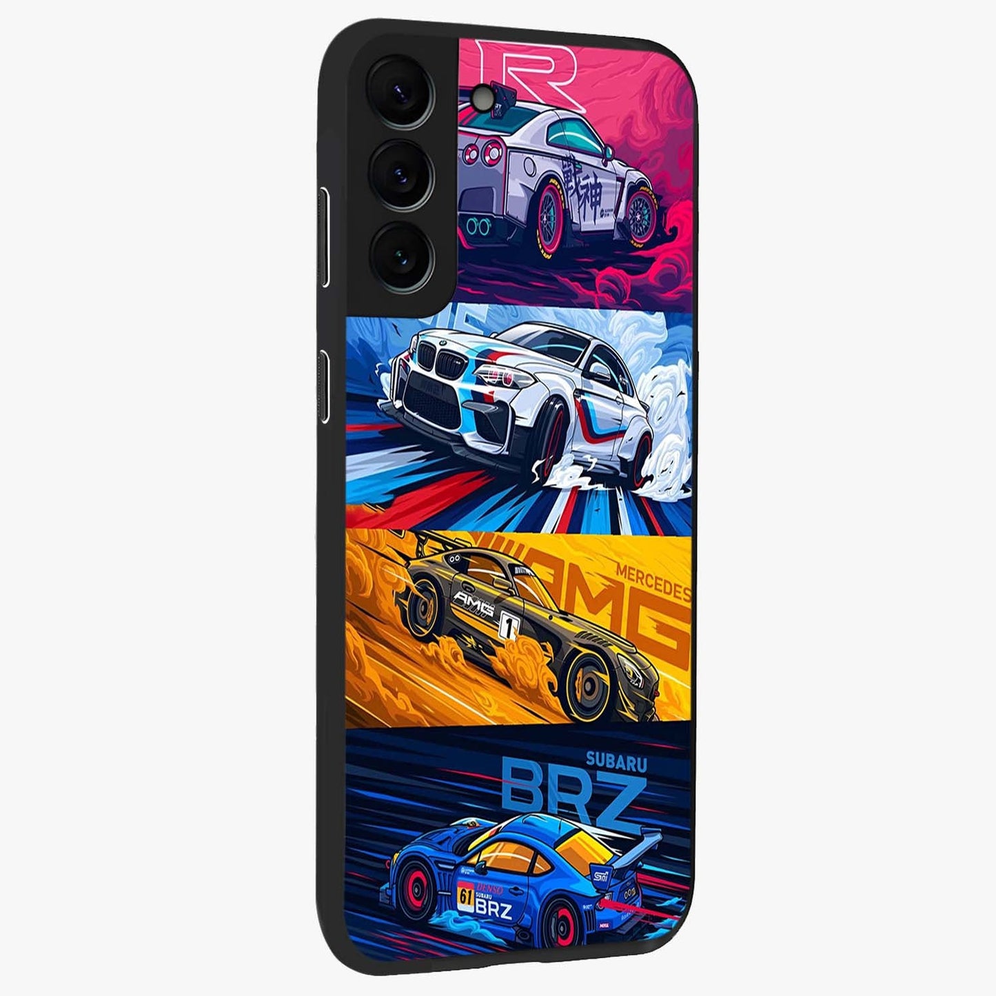 JDM Sports Car Glass Case upright view showcasing dynamic sports car artwork with bold racing theme.