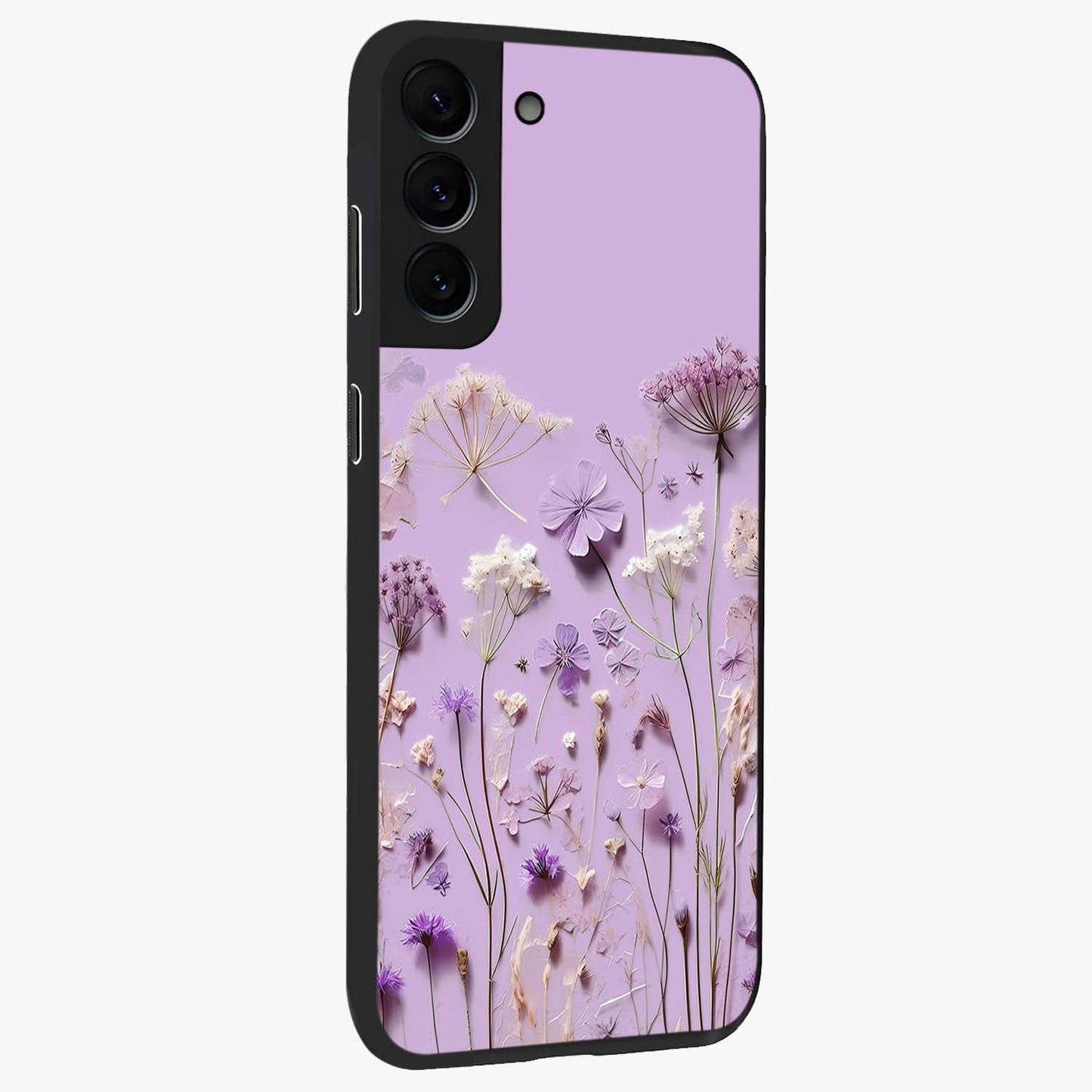 Lavender Blossom Dream Glass Case upright view showcasing delicate lavender blossom artwork with peaceful floral theme.