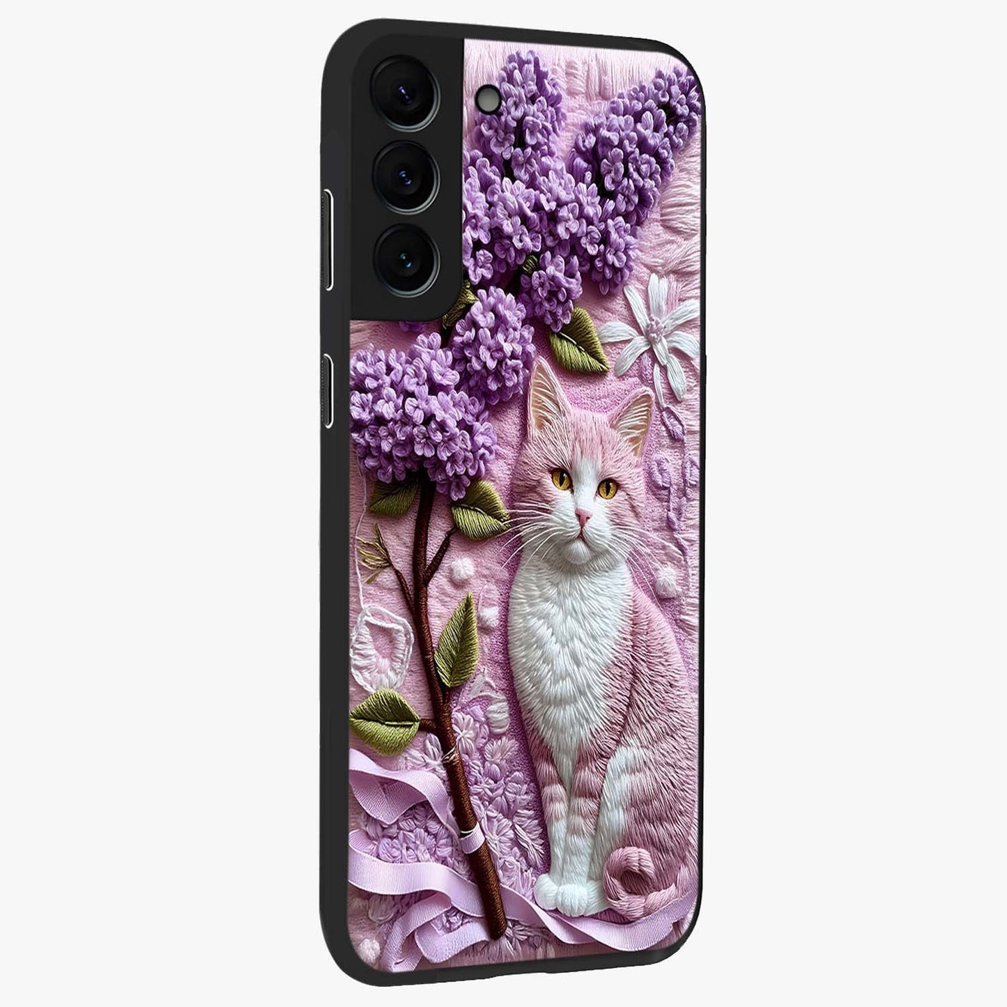 Lavender Cat Whimsy Glass Case upright view showcasing charming cat artwork with whimsical lavender theme.