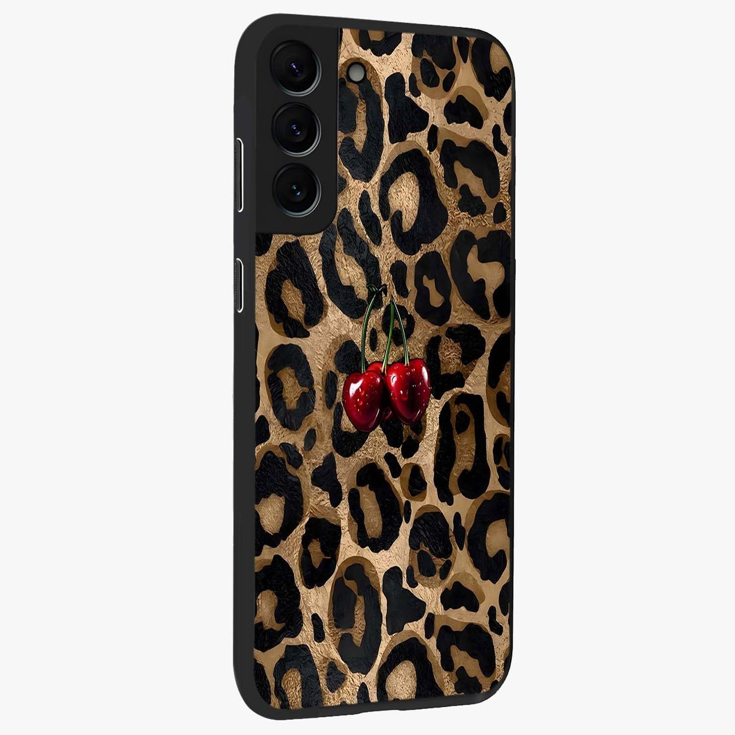 Leopard Wild Cherry Glass Case upright view showcasing stylish leopard pattern artwork with trendy fashion theme.
