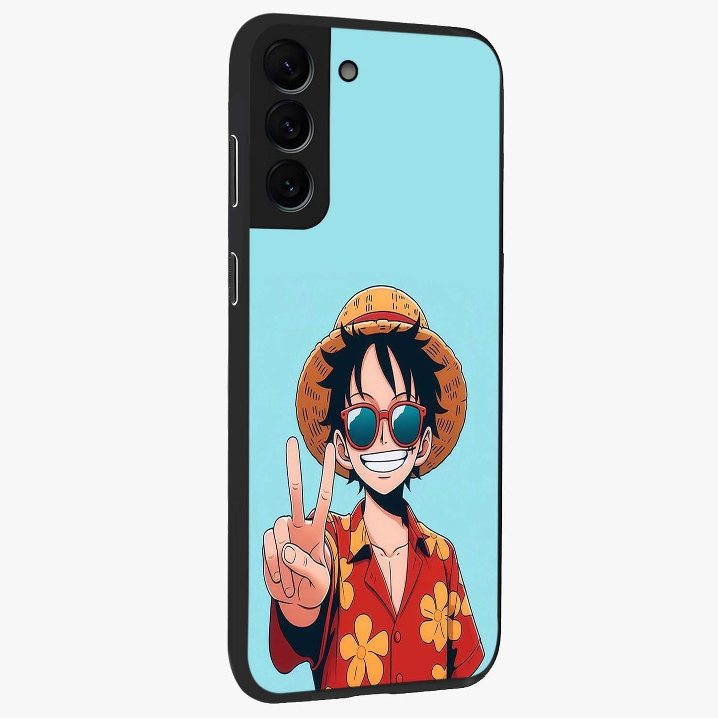 Luffy Summer Anime Vibe Glass Case upright view showcasing dynamic anime artwork with bright adventurous theme.