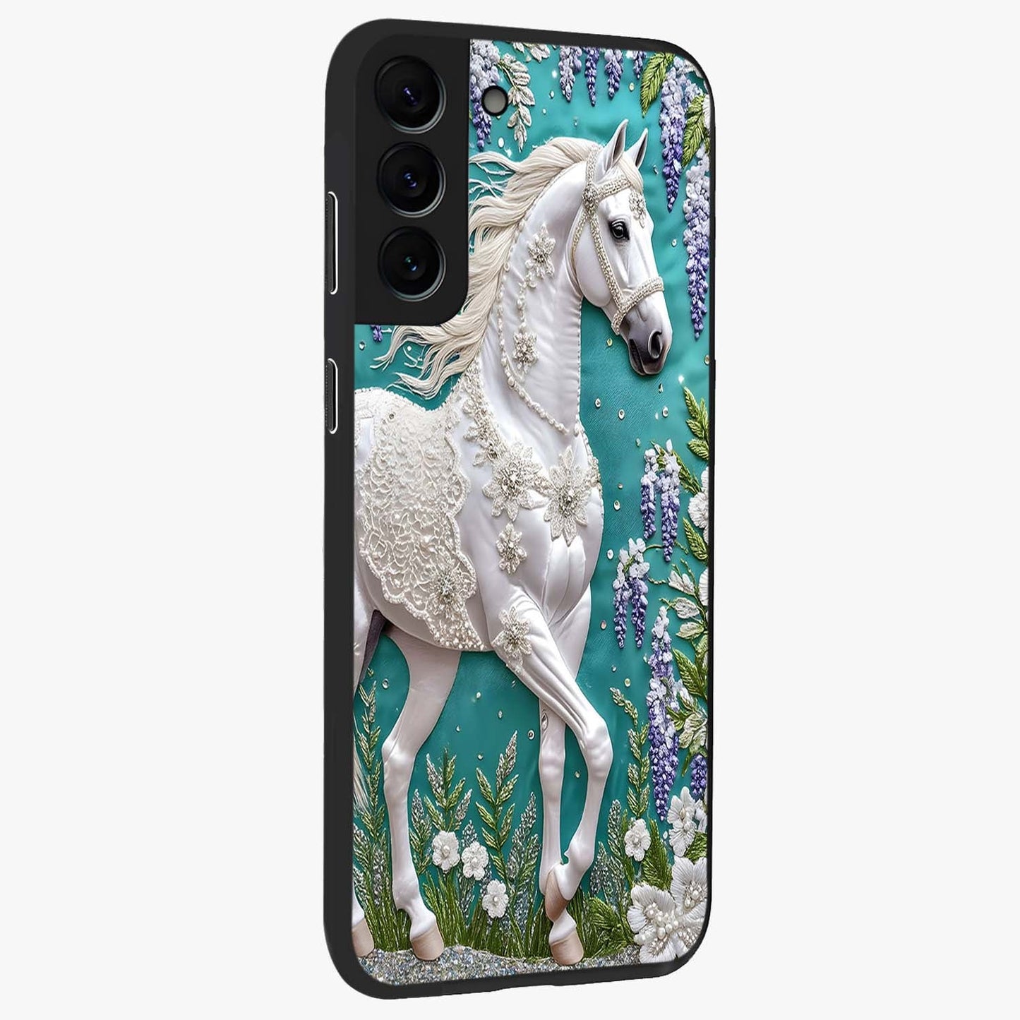 Majestic Floral Stallion Glass Case upright view showcasing dramatic horse artwork with decorative floral theme.