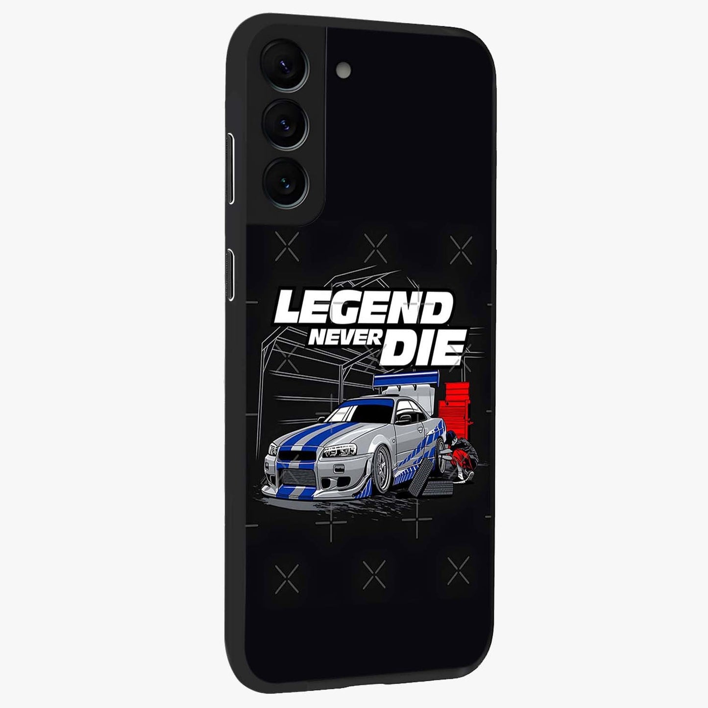 Midnight Racing Legacy Glass Case upright view showcasing powerful racing artwork with modern sports theme.