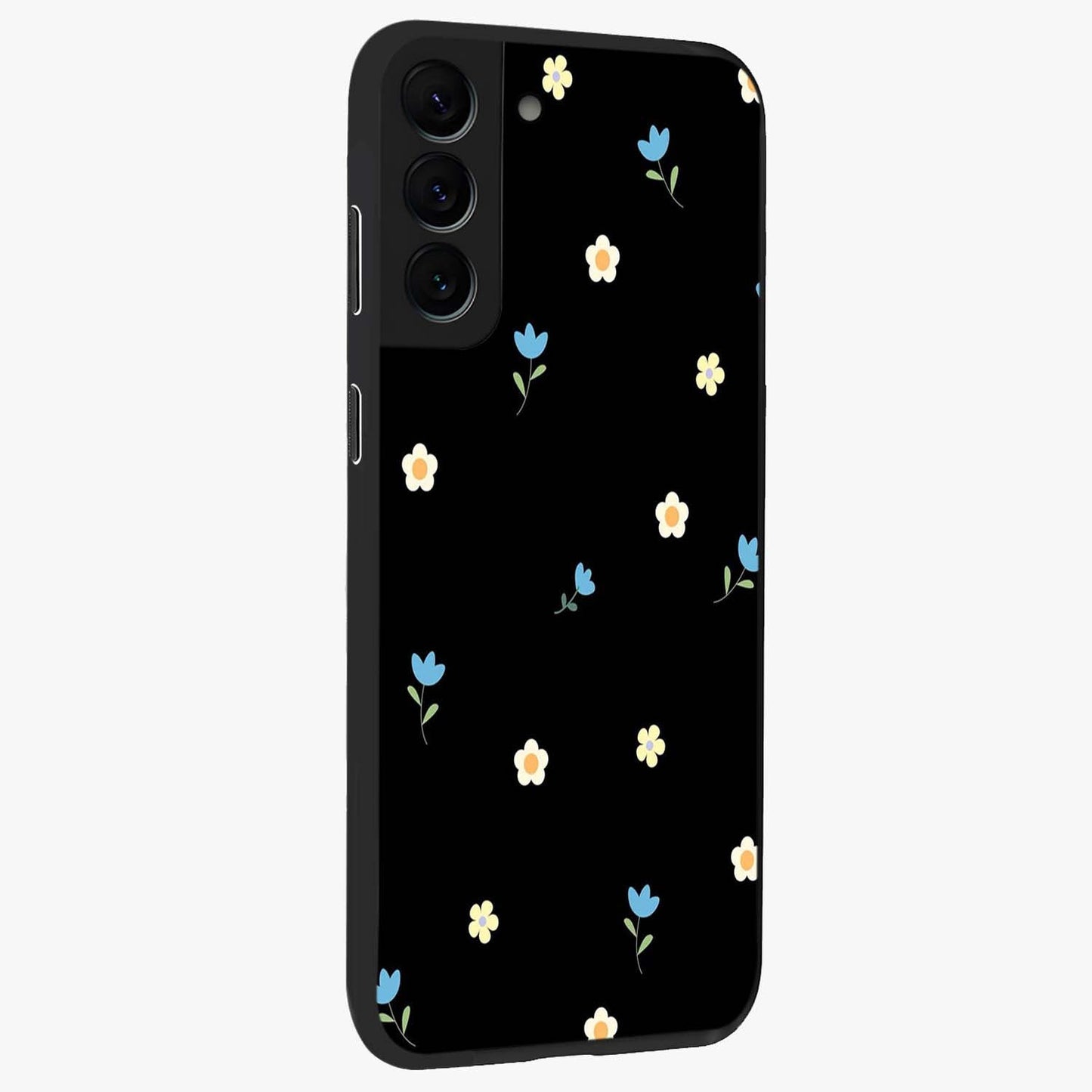 Minimal Petal Whispers Glass Case upright view showcasing elegant floral artwork with modern minimalist style.